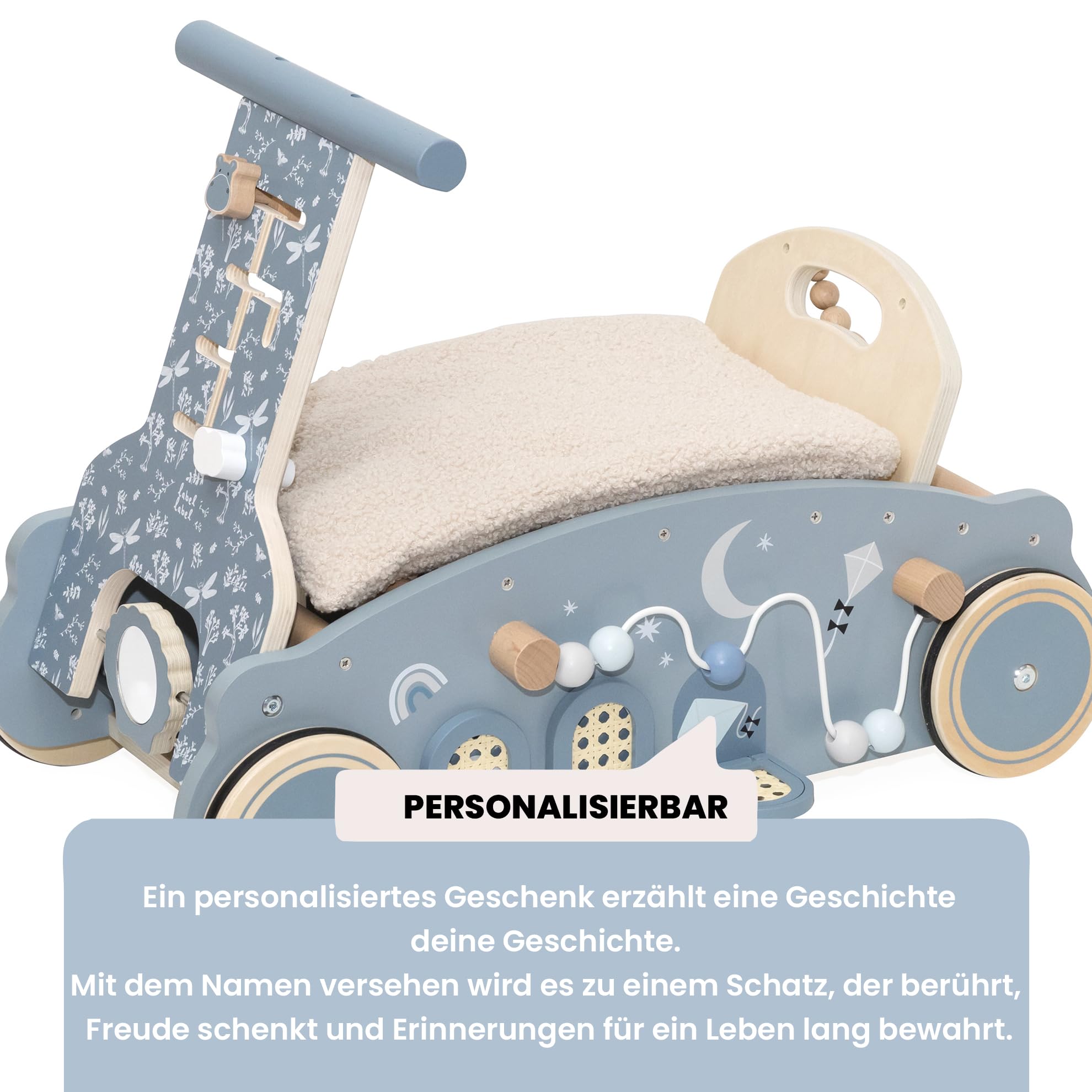 3in1 Lauflernwagen aus Holz personalisiert Olive – Lauflernhilfe, Rutscheauto & Wippe in einem – Montessori Motorikspiel – Stabiler Baby Schiebewagen für erste Schritte – Geschenk zum 1. Geburtstag