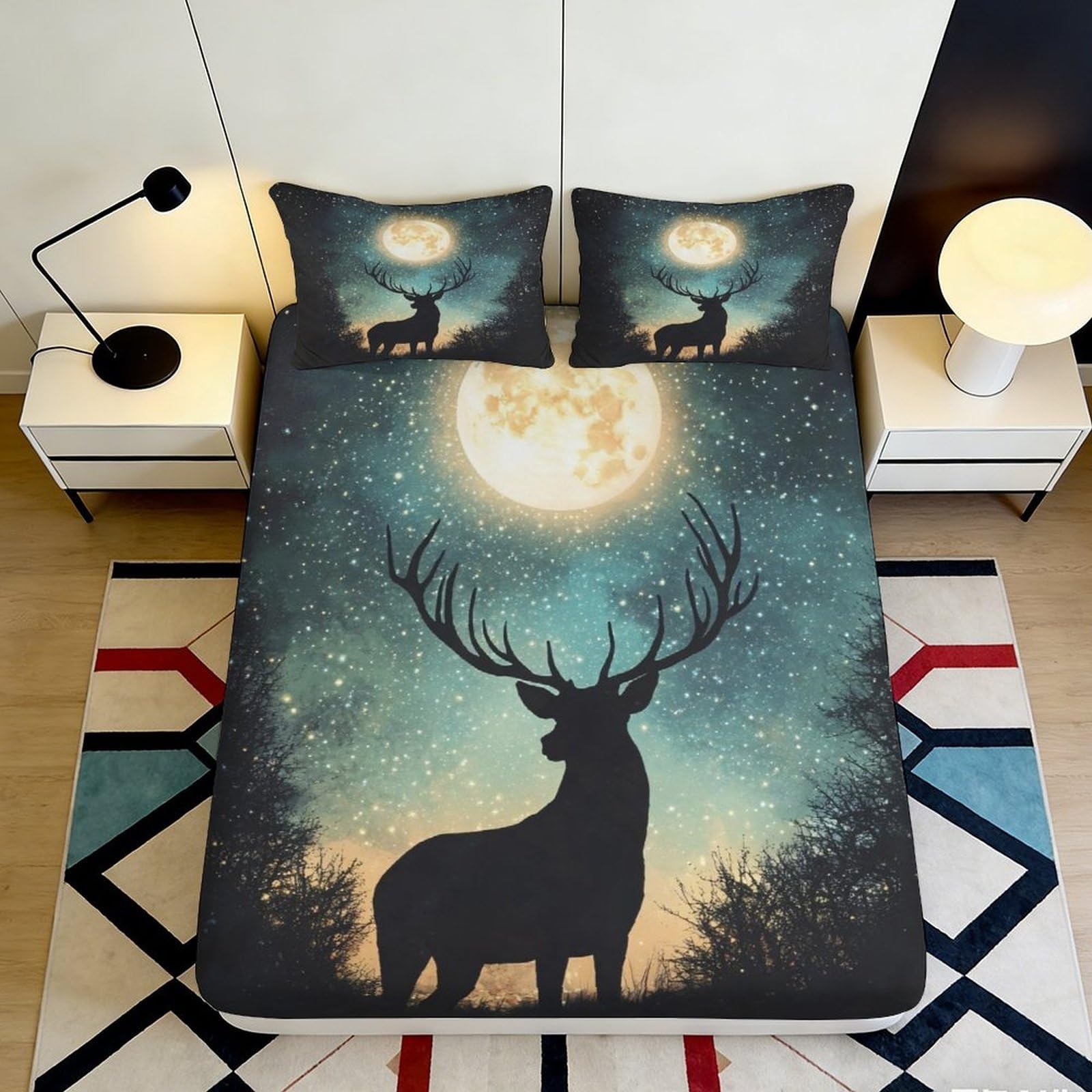 3D Printed Deer Scene Fitted Sheet Microfiber Deep Pocket Non-Slip Bedding Deer Pattern Mattress Fitted Cover Washable 140x200x25cm