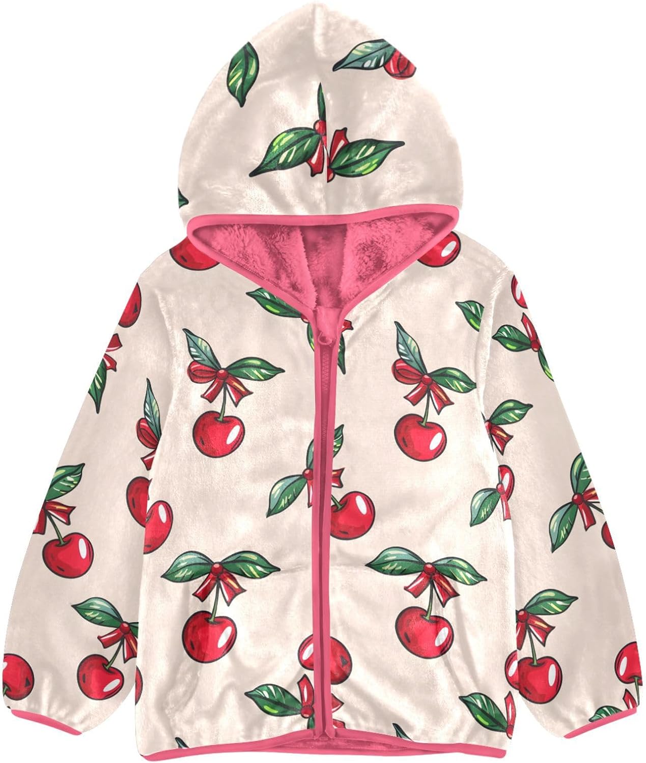 Girls Hoodie Outfit Red Cherry Bow Retro Cartoon Zipper Sweatshirt Coat Fleece Jacket for Kids 3-10T