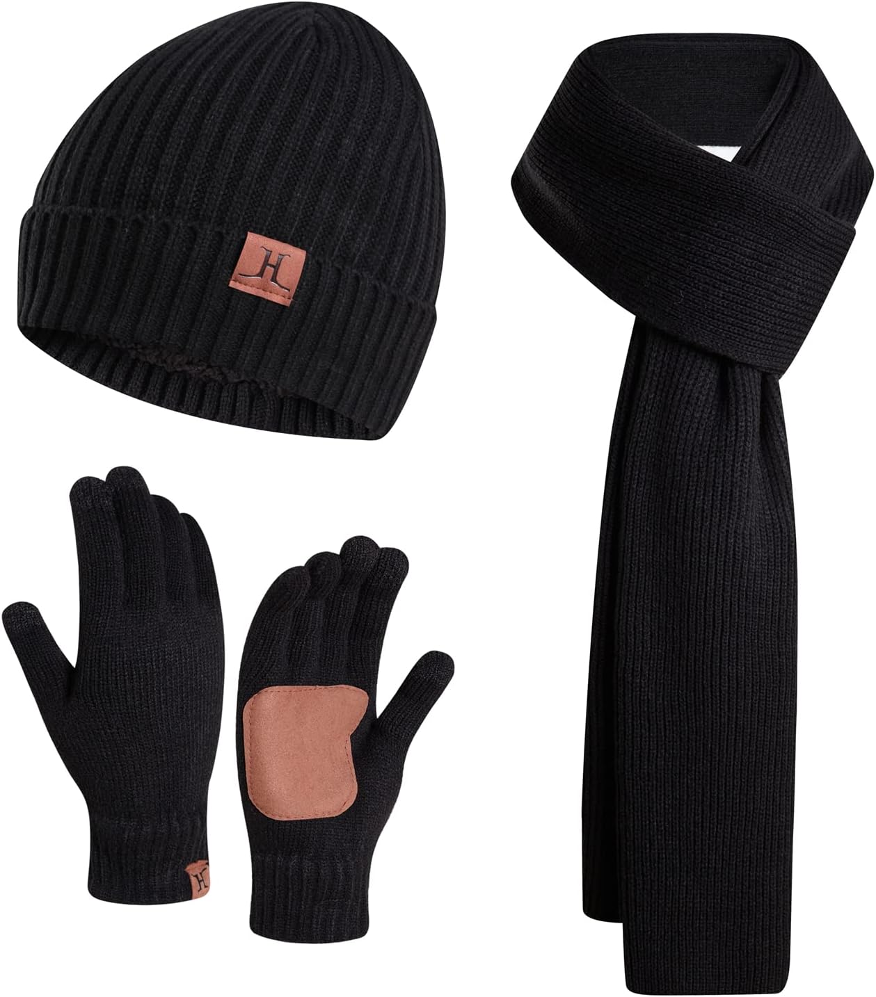 JTJFIT 3PCS In 1 Winter Warm Knit Beanie Hat+Long Scarf+Touchscreen Gloves Set with Knit Fleece Lined for Men