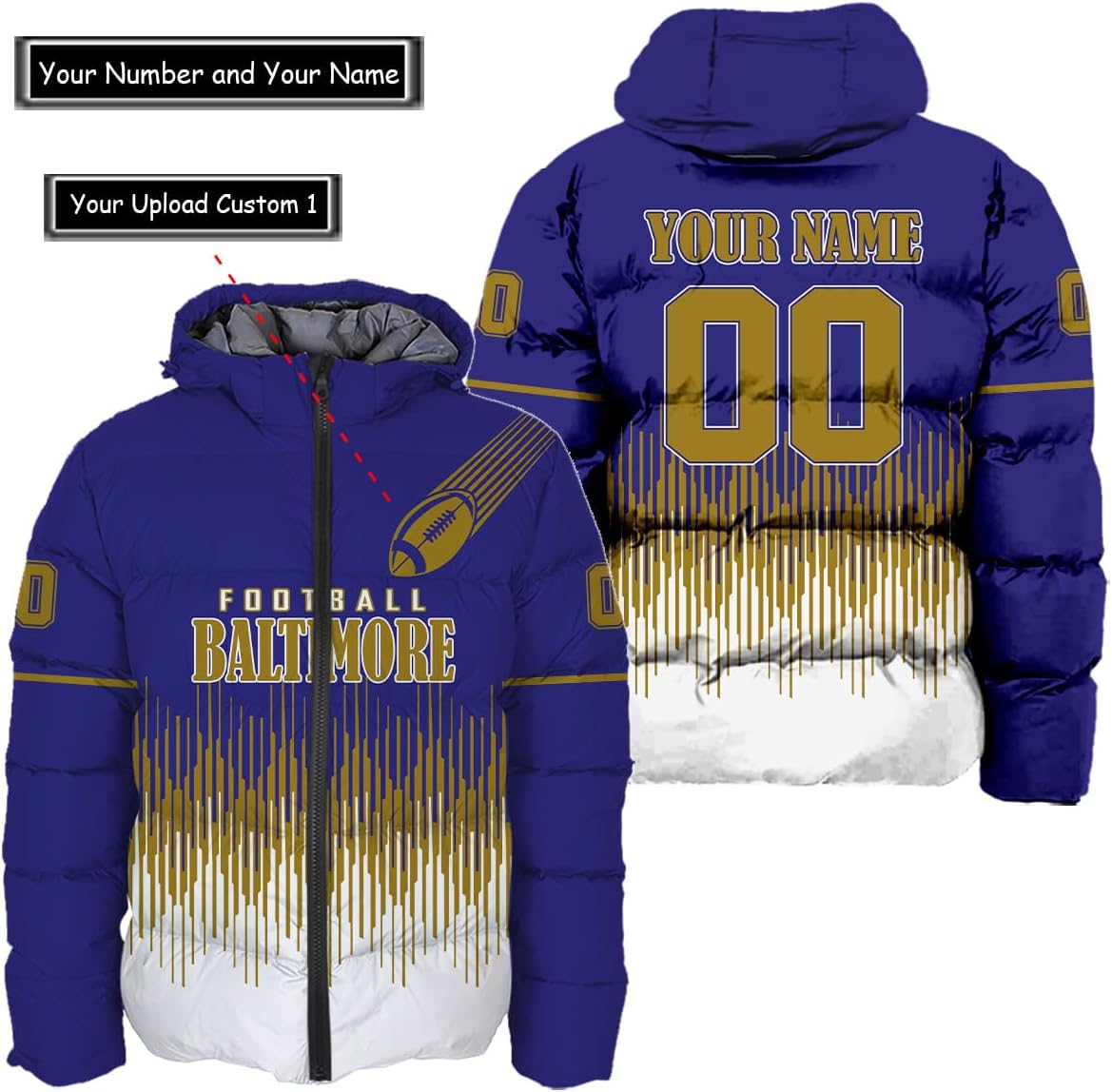 Personalized Baltimore Ravens Men's Hooded Puffer Jacket