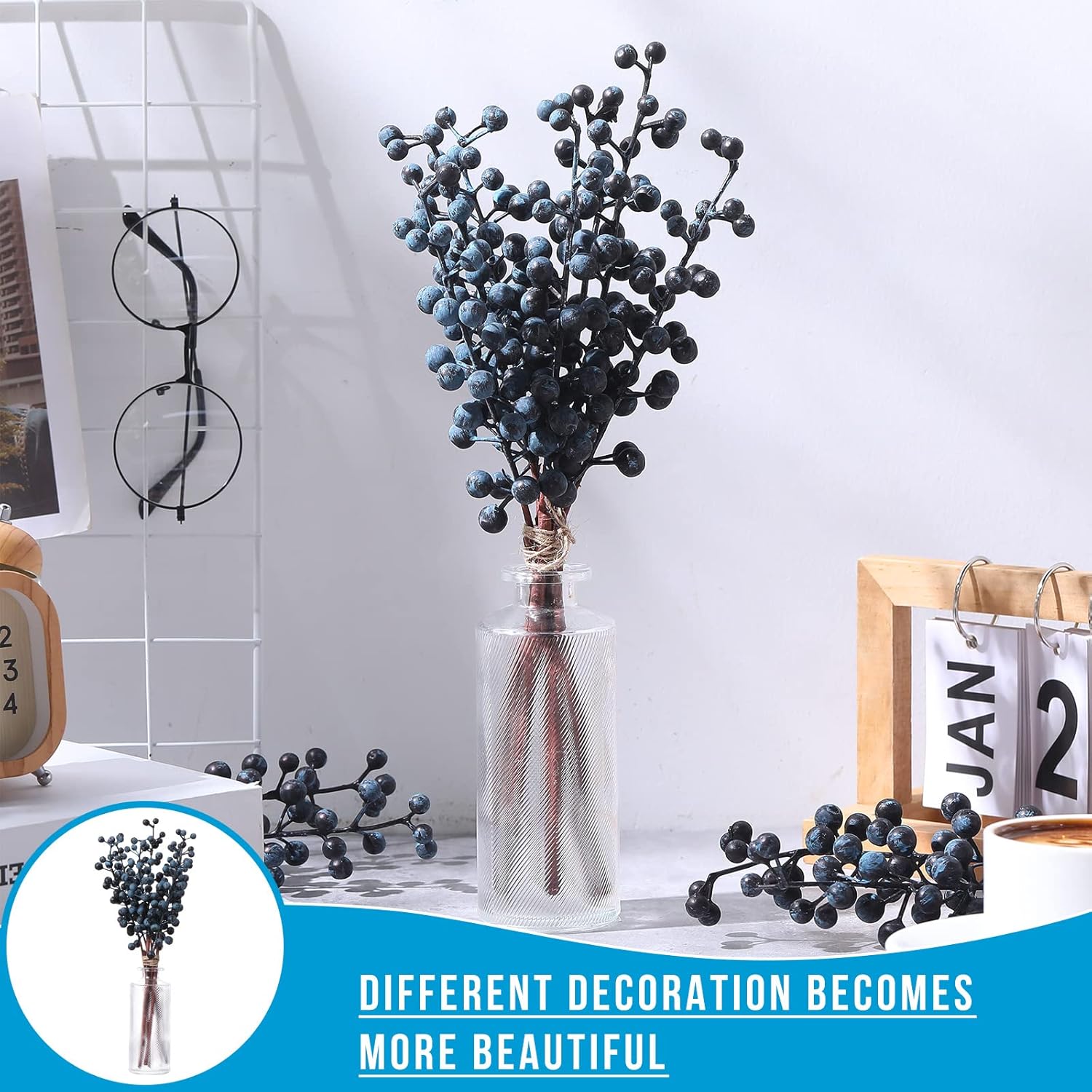 Crowye 40 Pcs 11.81 Inch Artificial Berry Picks with Stems Fake Faux Berry Picks Ornaments for DIY Craft Home Anniversary Wedding Holiday Party Decor(Blue)