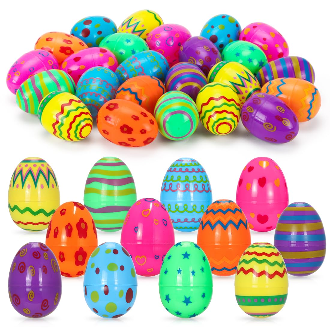 Bluelves 36 Oeuf de Paques en Plastique, œufs de Pâques Brillants en Plastique Irisé Imprimés de 6 cm de Haut, Oeuf Surprise pour la Chasse de Pâques, Remplisseurs de Paniers, Les Prix pour Les fêtes