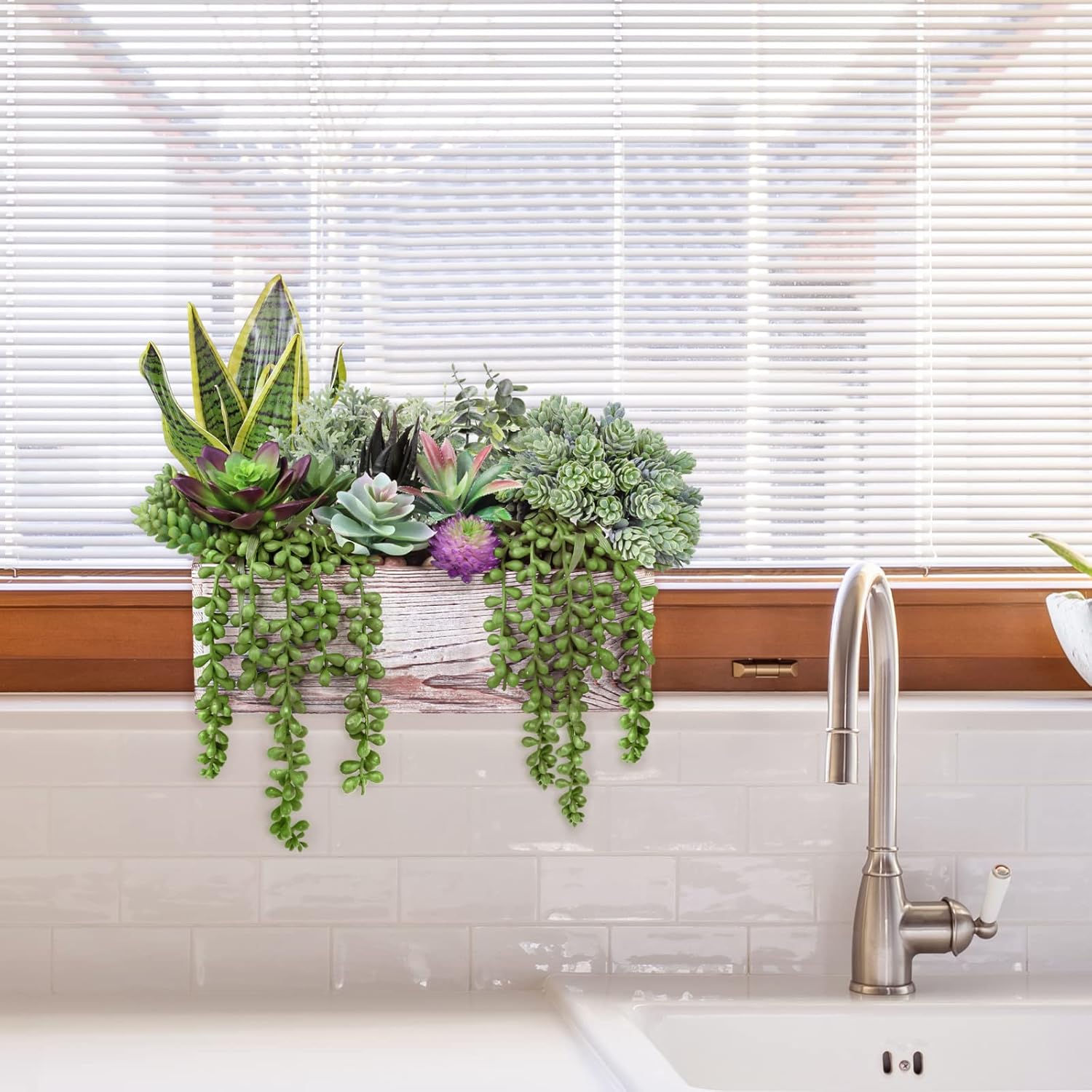 14 Pcs Assorted Artificial Succulents Fake Plants in Rectangular Wooden Pots Artificial Potted Succulents Plants Arrangement for Table Centerpiece Windowsill Shelf Mantel Tropical Greenery Decor - Image 6