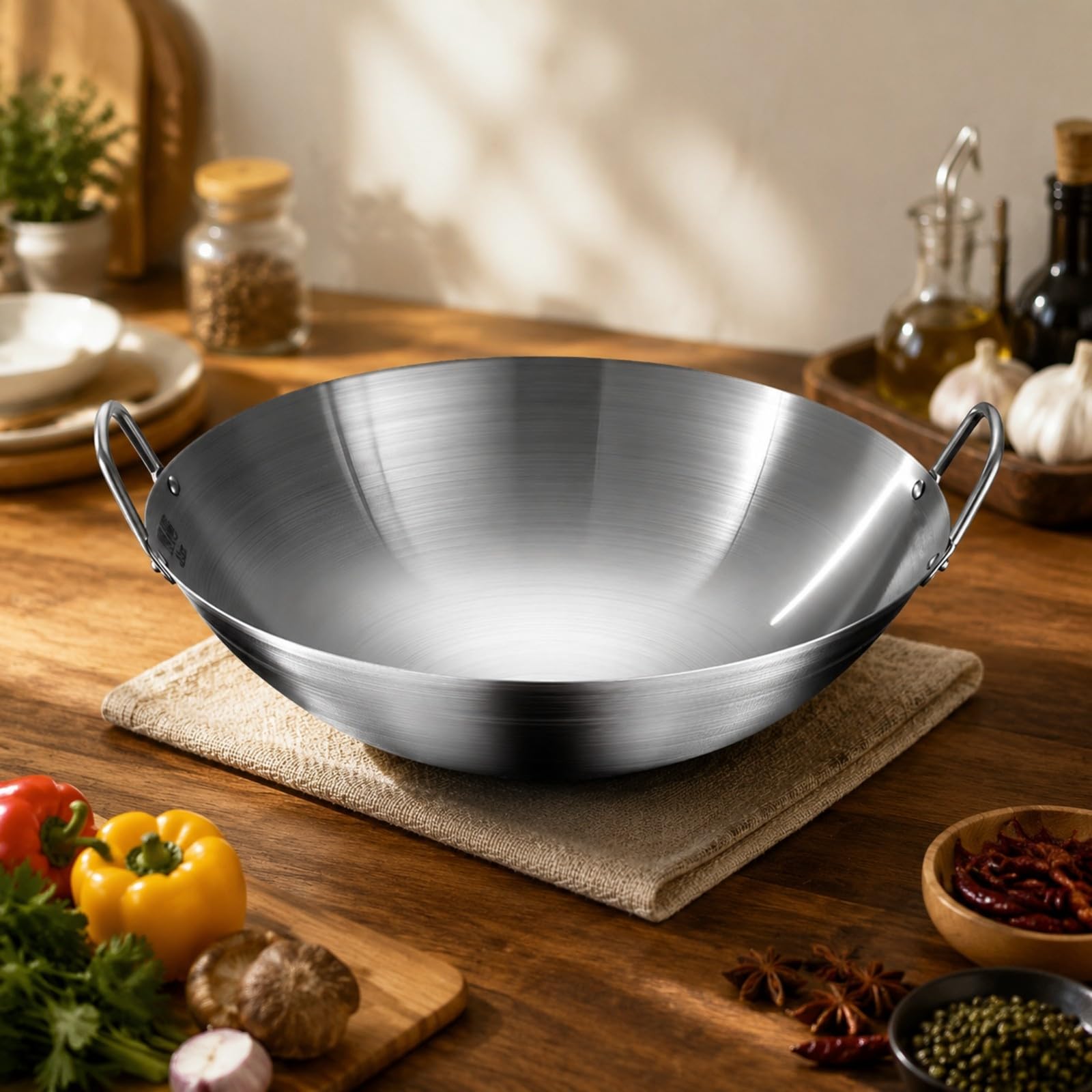 Milageto Wok En Acier Inoxydable Traditionnel, 40CM
