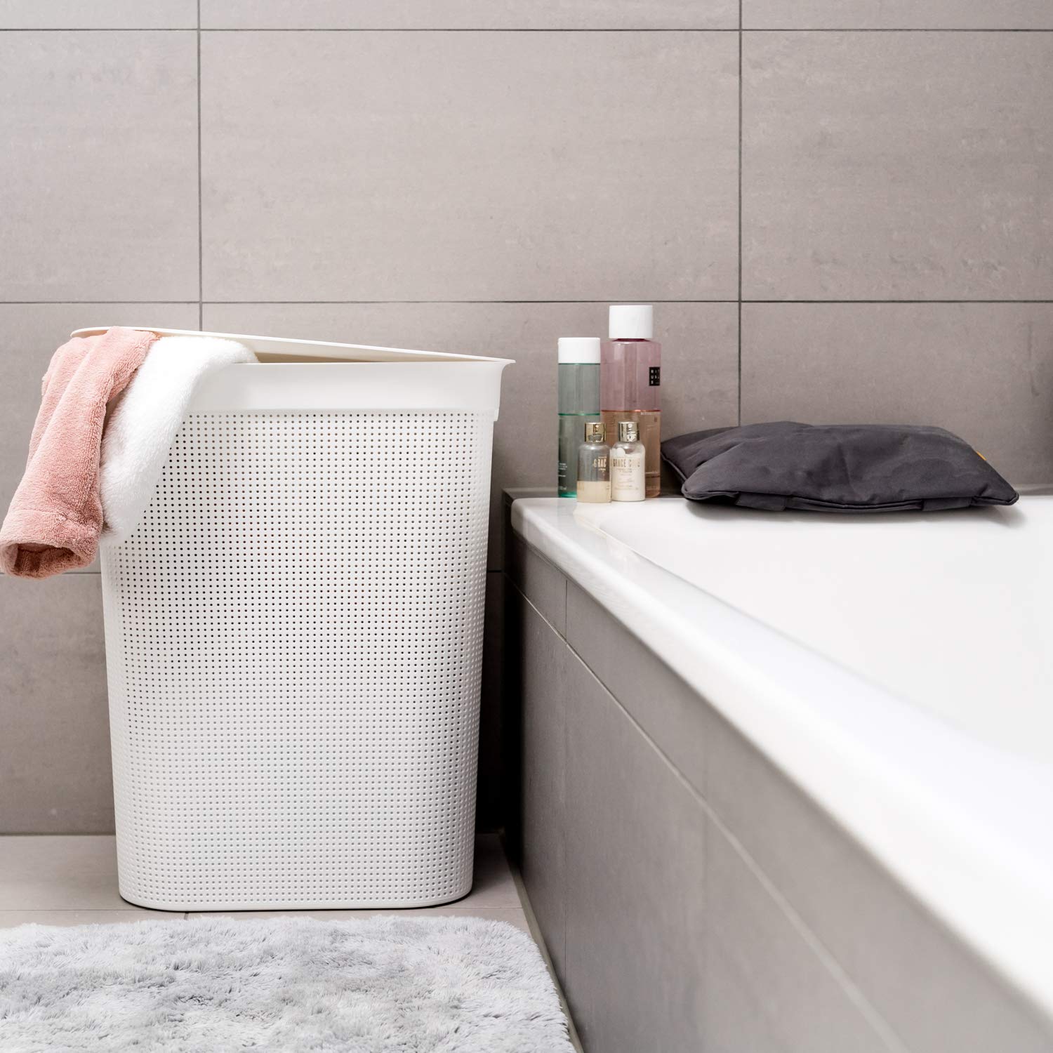 Rotho Brisen, Colector de lavado de 50l con tapa y 2 asas, Plástico PP sin BPA, muérdago blanco, 50l 43.1 x 34.0 x 52.9 cm