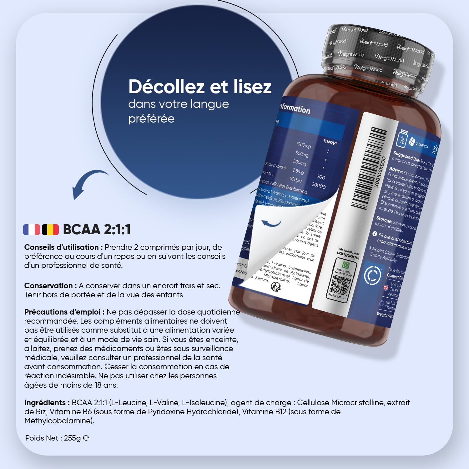 BCAA Comprimés 2:1:1 Vegan 2000mg, avec Vitamine B6 et B12 – 3 Mois de Stock – Seulement 2 Comprimés Sécables par Jour, Acides Aminés 180 Tablets – sans Arôme, sans Aspartame ni Sucre, sans OGM