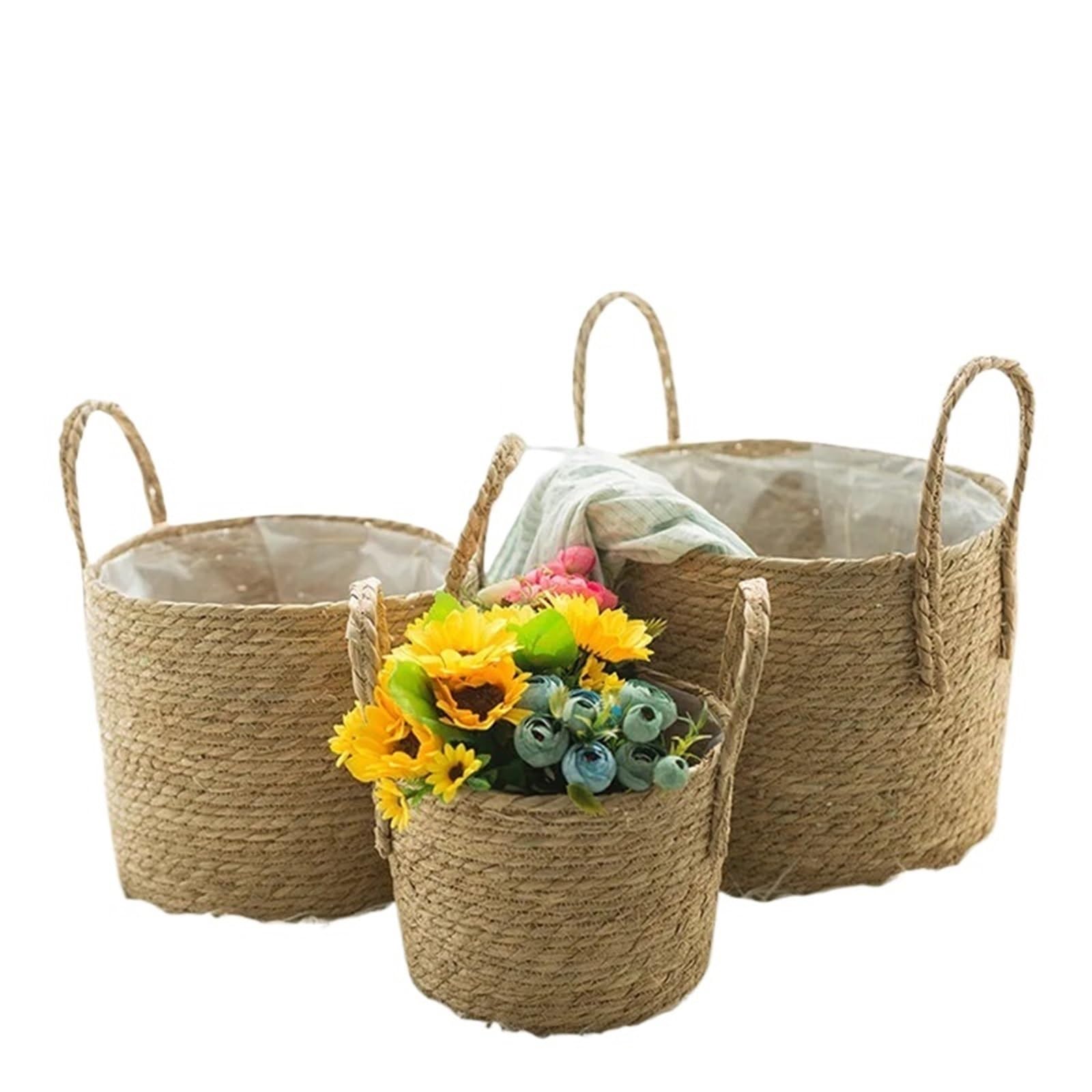 Panier Plante 3 pièces Panier de jardinière tissé à la Main Rangement Linge décoratif Paille Osier rotin jonc mer Pot Fleur Jardin(A 22CM)