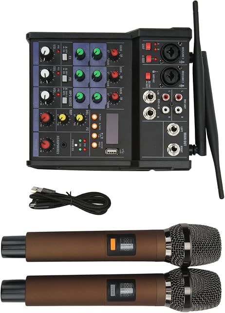 Small Bluetooth Stereo Mixer with 2 Wireless Microphones 4 Channel Audio Mixer Family Stereo Processor DJ Mixer for Live Streaming