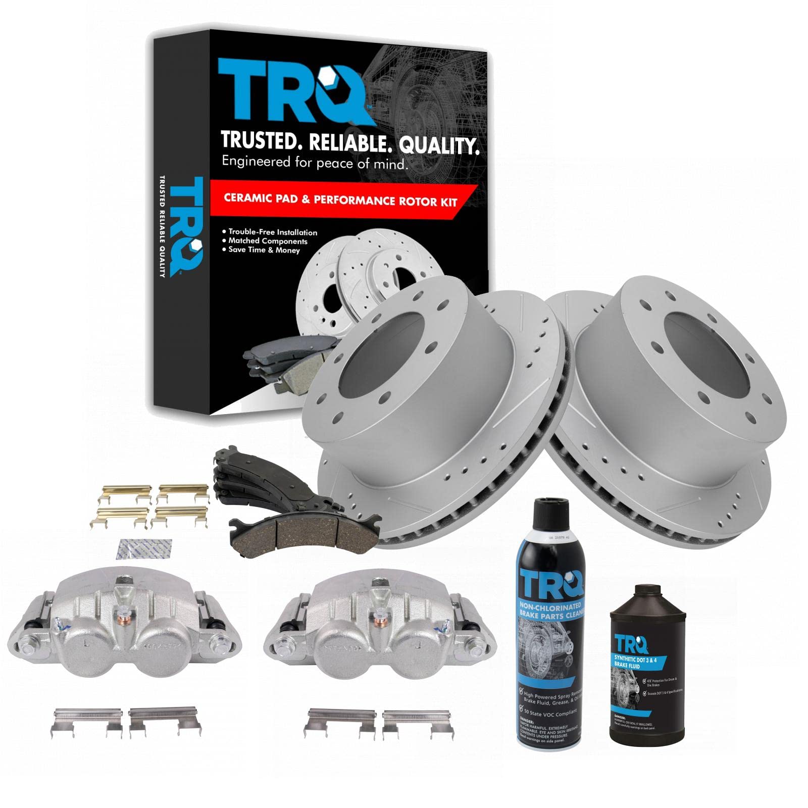 TRQ Rear Ceramic Brake Pad Performance Rotor &amp; Caliper Kit Compatible with GM Dually