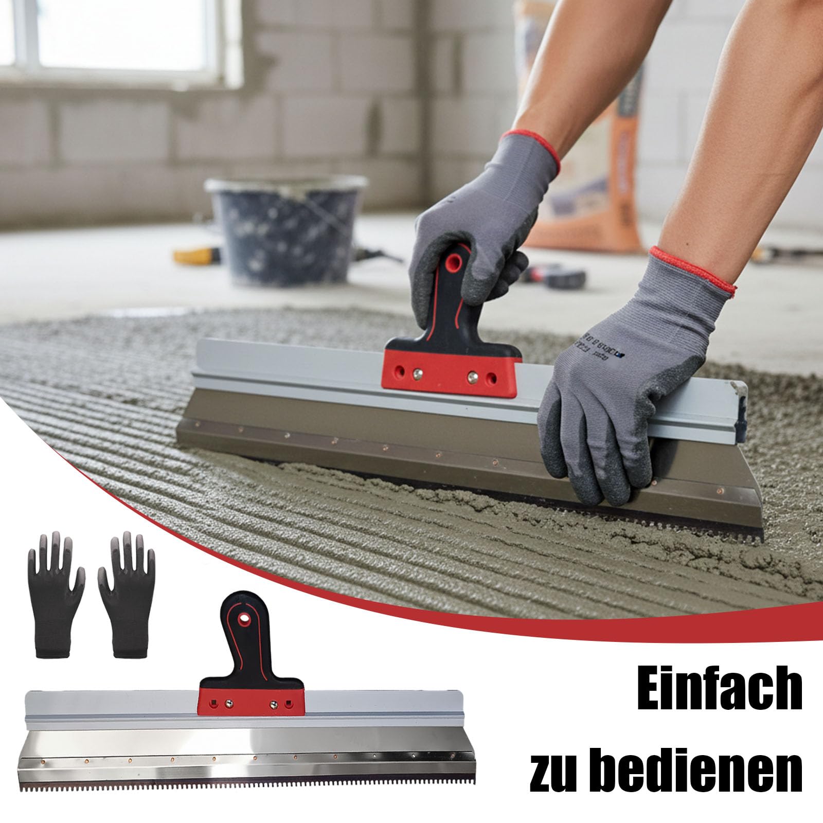 szpachla zębata, 56 cm stal nierdzewna szyba, szpachla płaska z rękawiczkami i adapterem, szpatułka stojąca zębata, do równomiernego nakładania powłok podłogowych