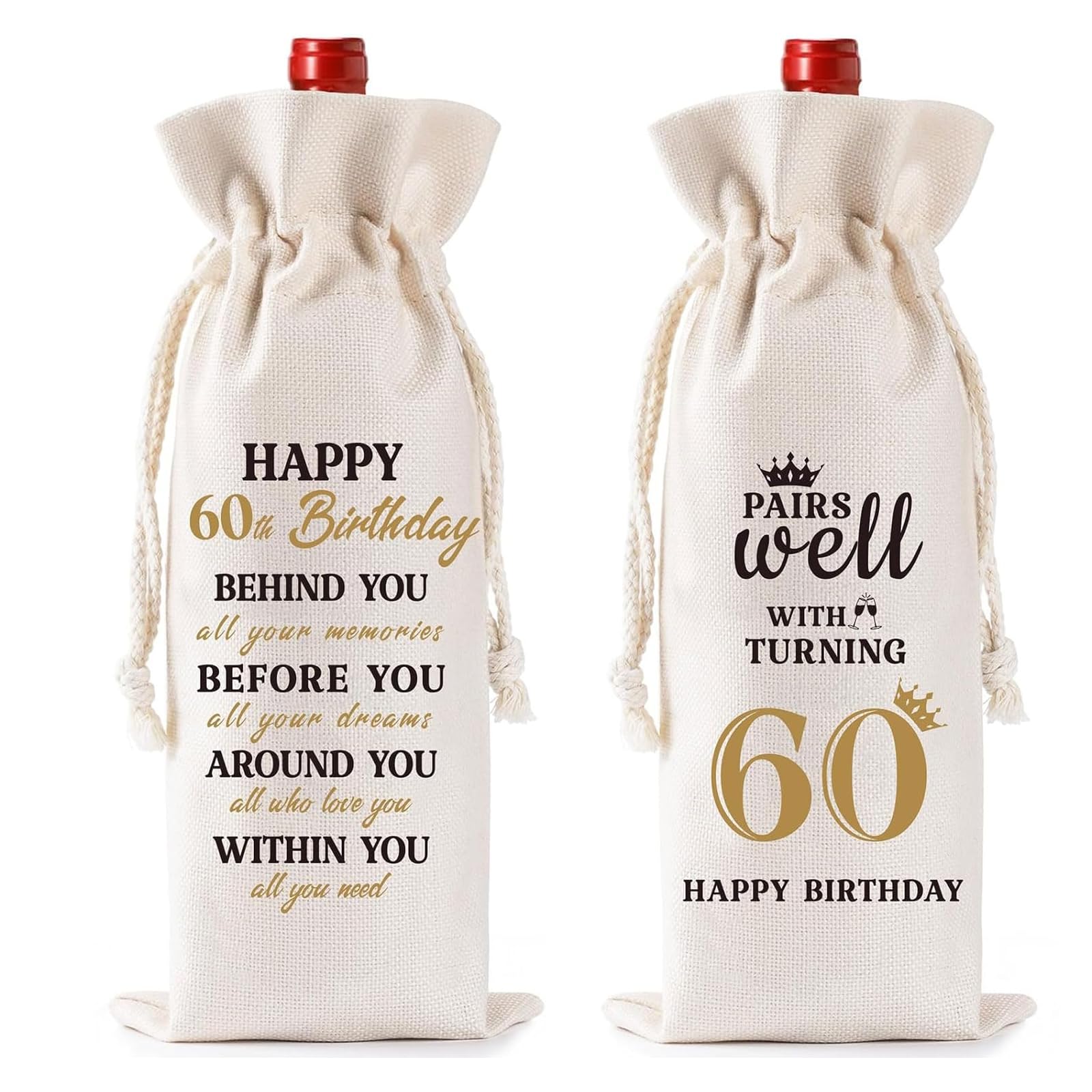 60th Birthday Gifts for Women – 1966 Birthday Wine Gift Bag – Linen Drawstring Bottle Cover with Witty Quote – Decorative Wine Bottle Gift Bag for Men for 60th Birthday Party