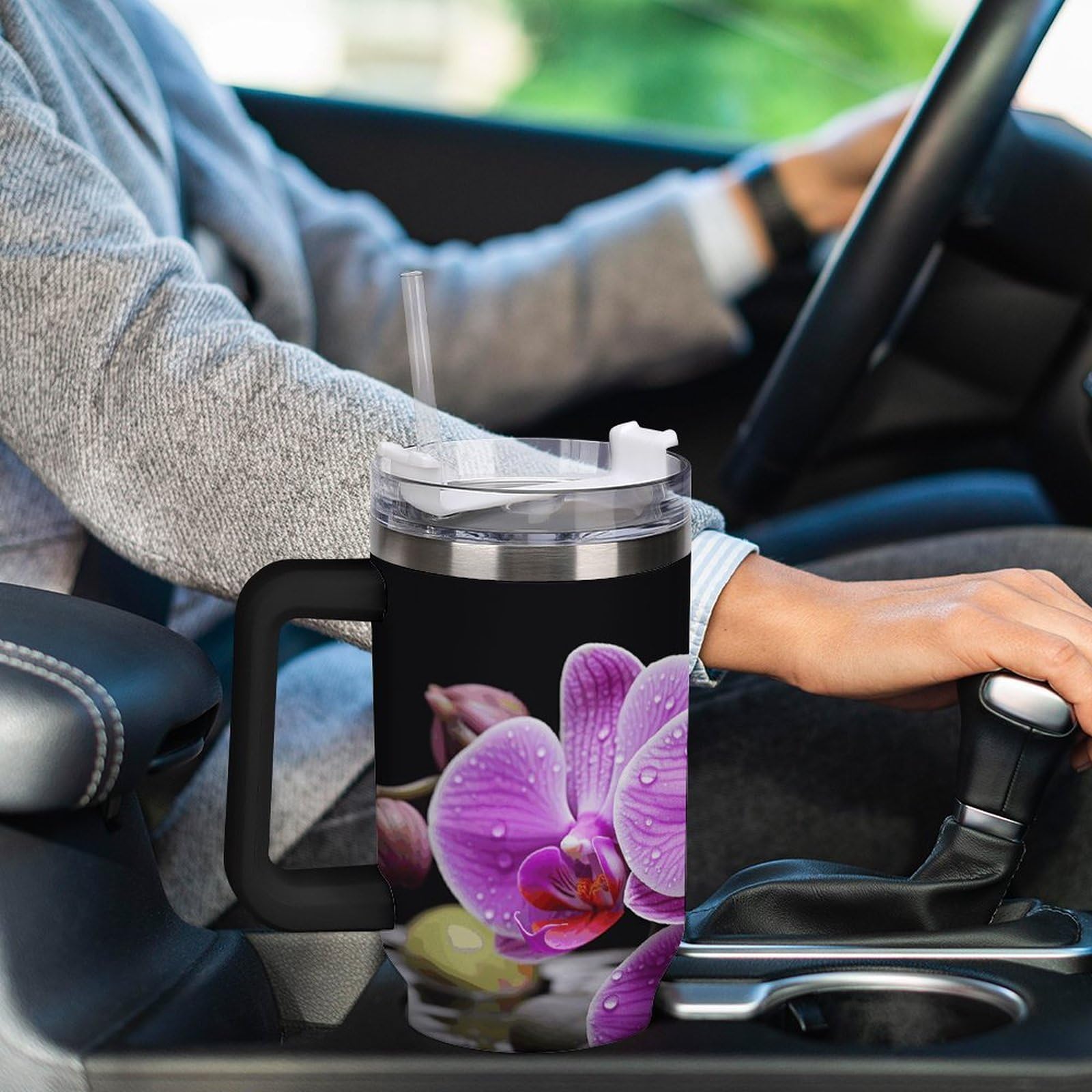 Violette Orchideen-Becher mit Strohhalm und Griff, doppelwandige Vakuumisolierung, Wasserflaschen für Eiskaffee, Tee, heiße und kalte Getränke