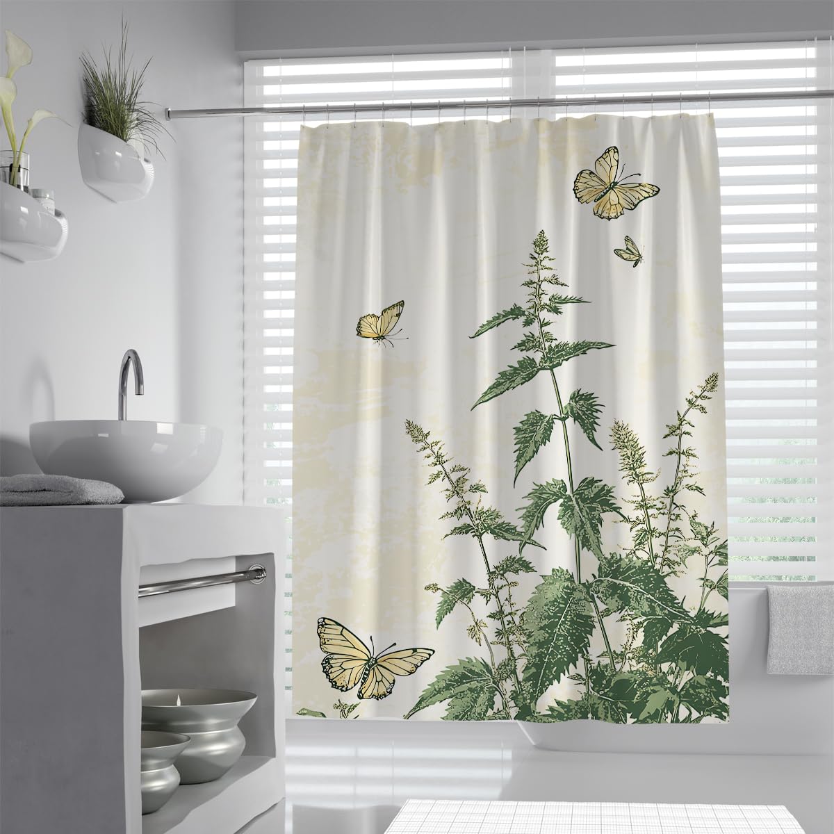 UIRINGART Green Botanical Shower Curtain W200xL220cm Vintage Butterfly Print Waterproof Polyester Mildew Resistant Quick Dry Bathroom Screen with Hooks