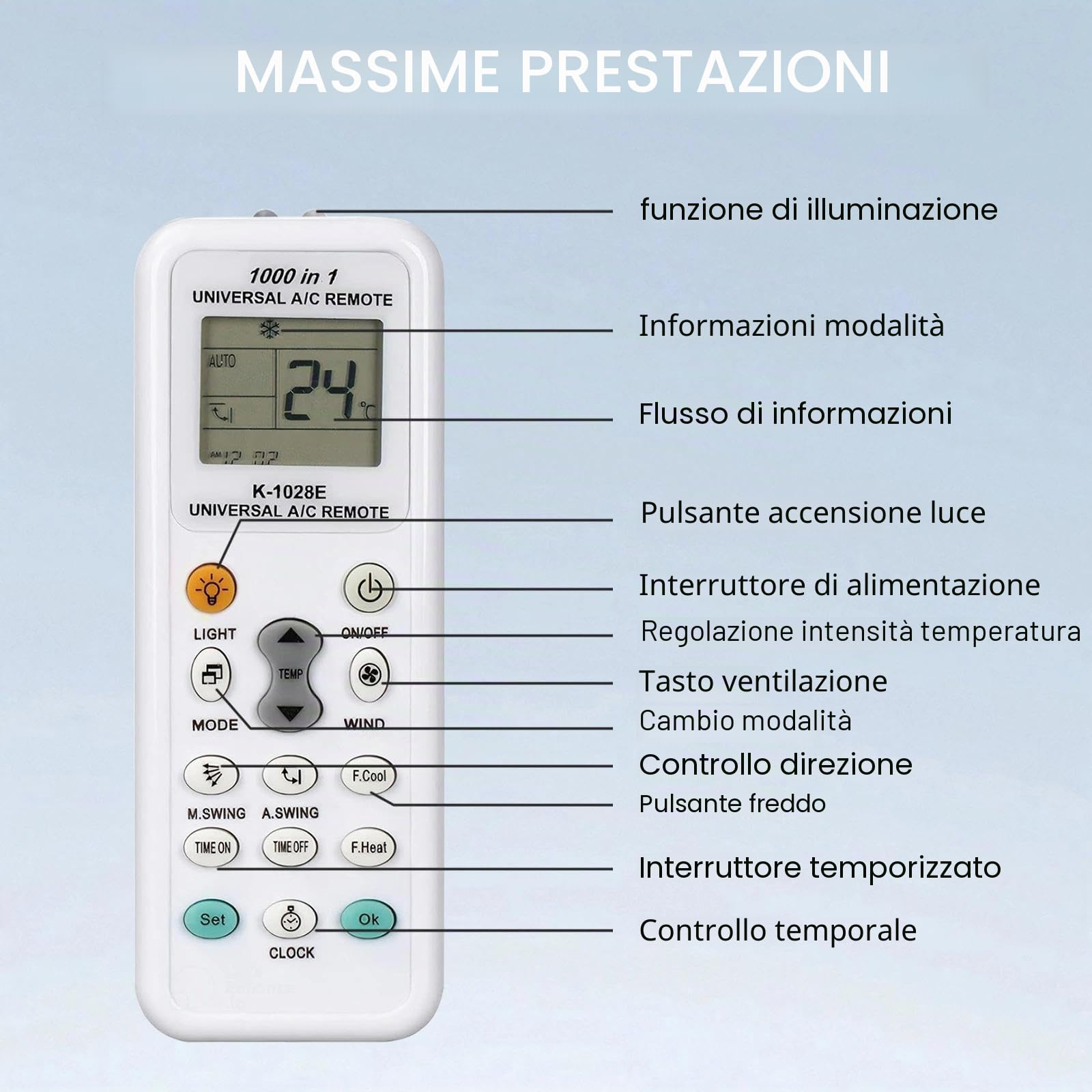 Telecomando Universale per Climatizzatori K-1028e Compatibile LCD 1000 in 1
