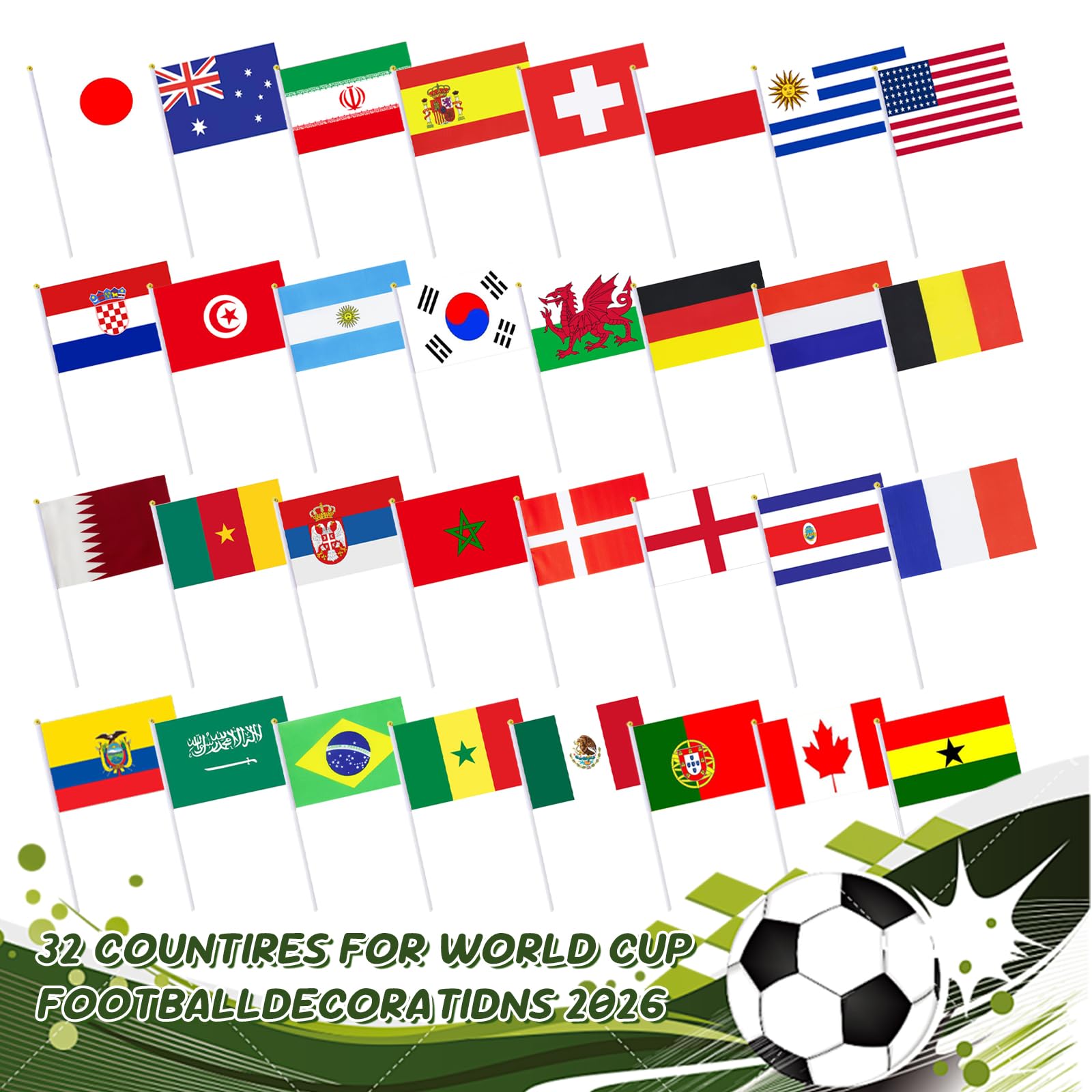 Banderas del Mundo Set 32 Países 14x21cm Poliéster Doble Cara Decor Copa Mundial