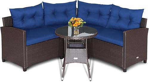 Tangkula 4 Piece Outdoor Sofa Set, Patio Rattan Corner Chair Set WRound Side Table, Heavy-Duty Steel Structure, Comfortable Seat &amp; Back Cushions,