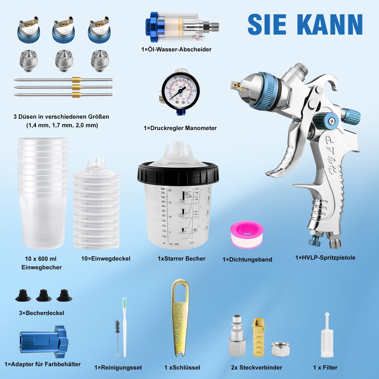 HVLP Kit pistolet à peinture avec 3 buses de 1,4/1,7/2,0 mm et 20 onces (650 ml) de pistolet à peinture jetable, pistolet à peinture professionnel, pistolet à peinture pneumatique HVLP, gravité