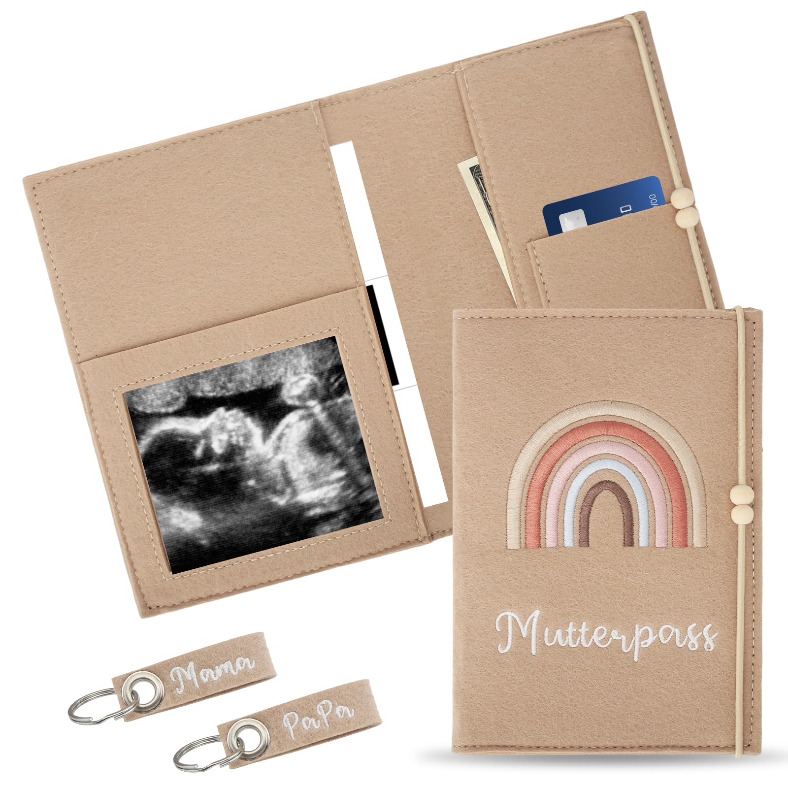 Handgefertigte Deutschen Mutterpasshülle Filz, Mutterpasshülle aus Filz mit 2 Schlüsselanhängern, Schwangerschaft Tagebuch Tasche, Mutterpasshülle mit Fächern für Schwangerinen Zukunftige Mütter