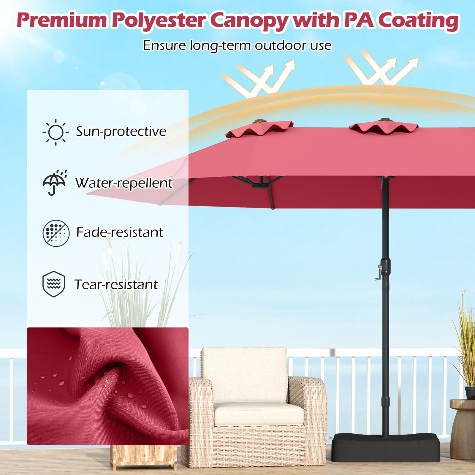 FANTASK Ombrellone doppio, 443 x 263 cm, rettangolare, con supporto e manovella, UPF 50+, grande ombrellone da giardino XXL, per giardino, terrazza e piscina (rosso)