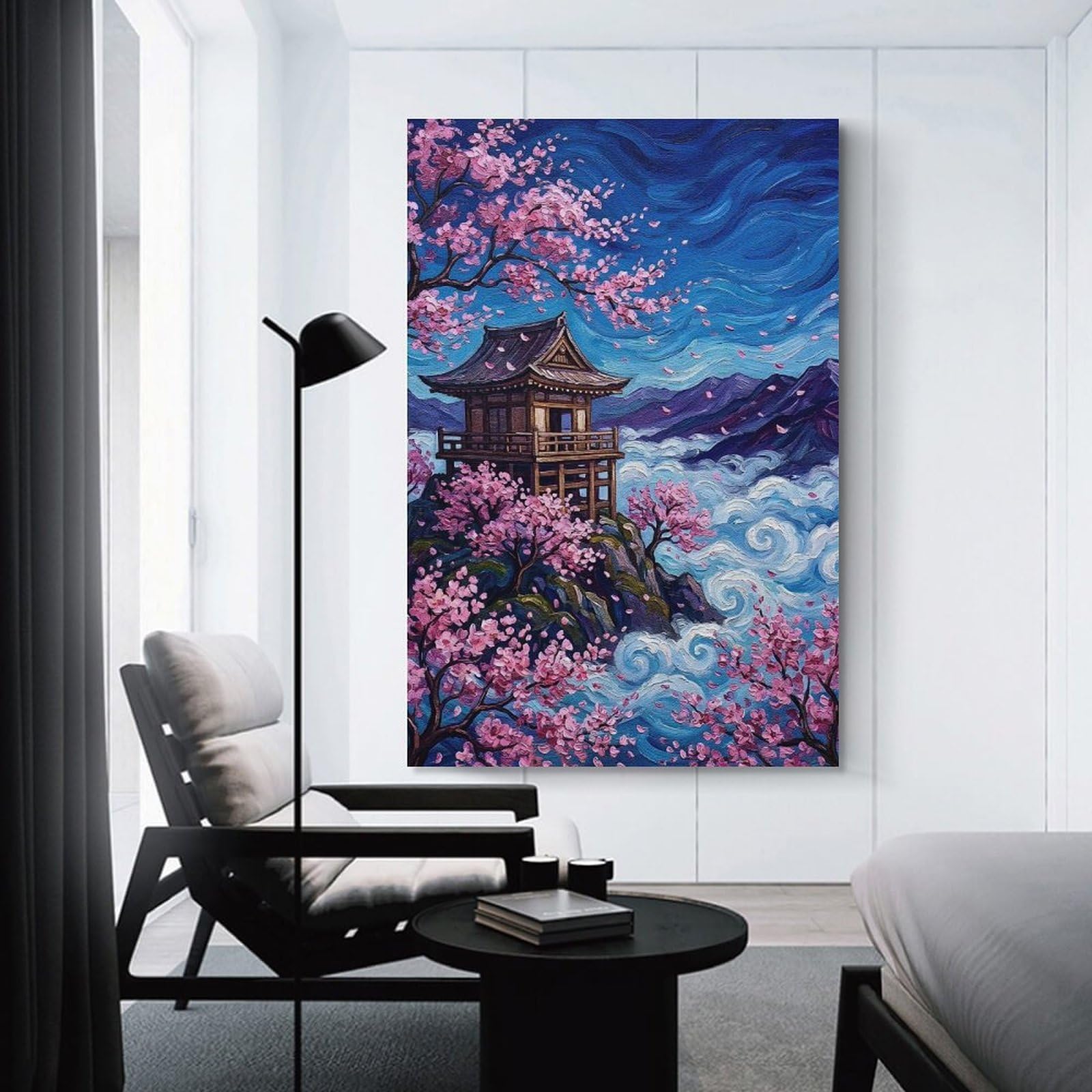 Junmoney Canvas Wall Picture Japanese Pagoda with Cherry Blossoms Painting, 24x36inch(60x90cm), for Calm Bedrooms, Home Corners Or Flats, Decorative Wall Art for Cosy Rooms