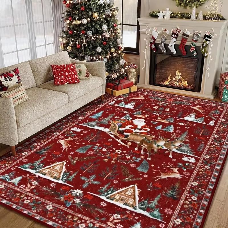 Tapis de Noël rouge et vert 160 x 200 cm antidérapant pour salon