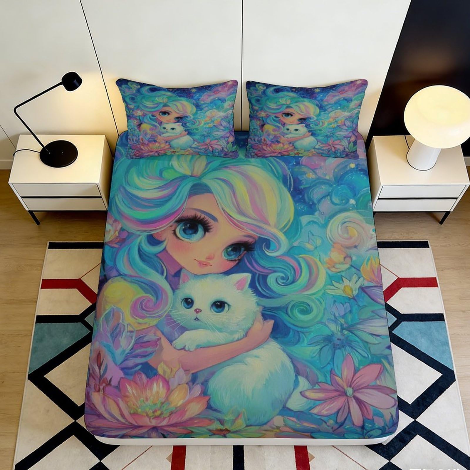 3D Printed Fantasy Girl Cat Fitted Sheet Microfiber Soft Colorful Art Lotus Bed Cover for Bedroom Guestroom 90x200x25cm