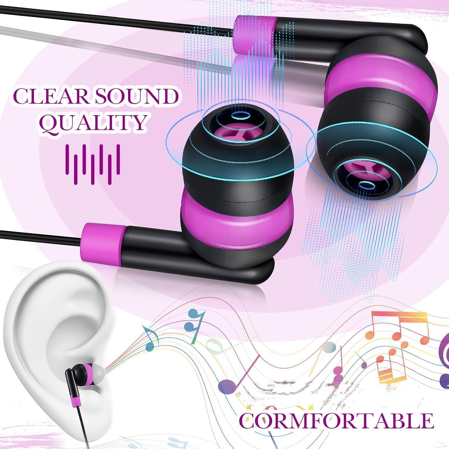Kanayu 100 Pack Wired Earbuds Bulk for Classroom Ear Headphones Wired Basic Student Earbuds No Microphone with 3.5mm Jack for Class Laptop School Library, Individually Bagged (Pink)