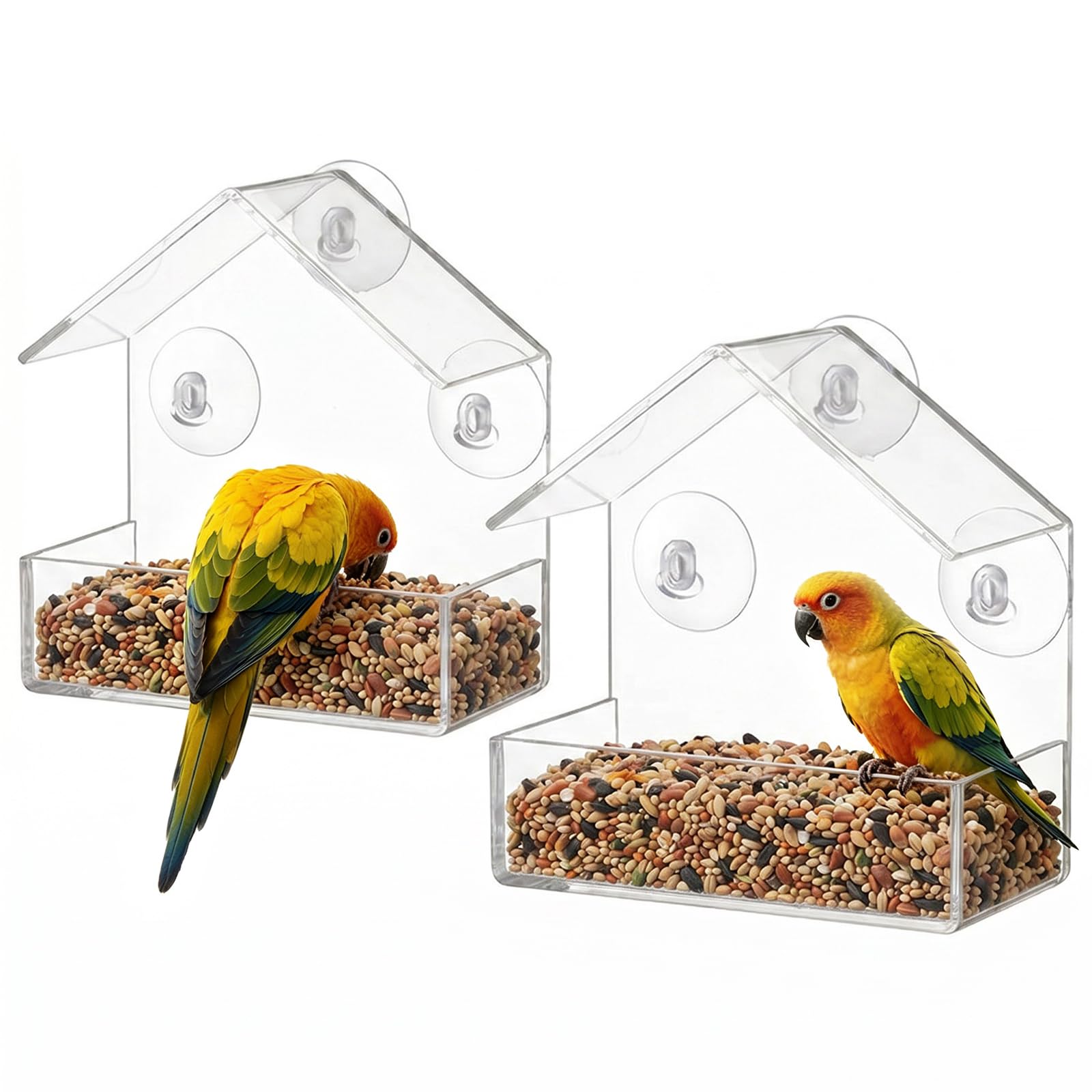 Window Bird Feeder 2 Pack, Bird House for Outside with Strong Suction Cups and Drain Holes, Small Acrylic Window Bird Feeder for Garden, Backyard, Apartment, Bird Lovers Gift - 5.9 * 2.4 * 5.9 in