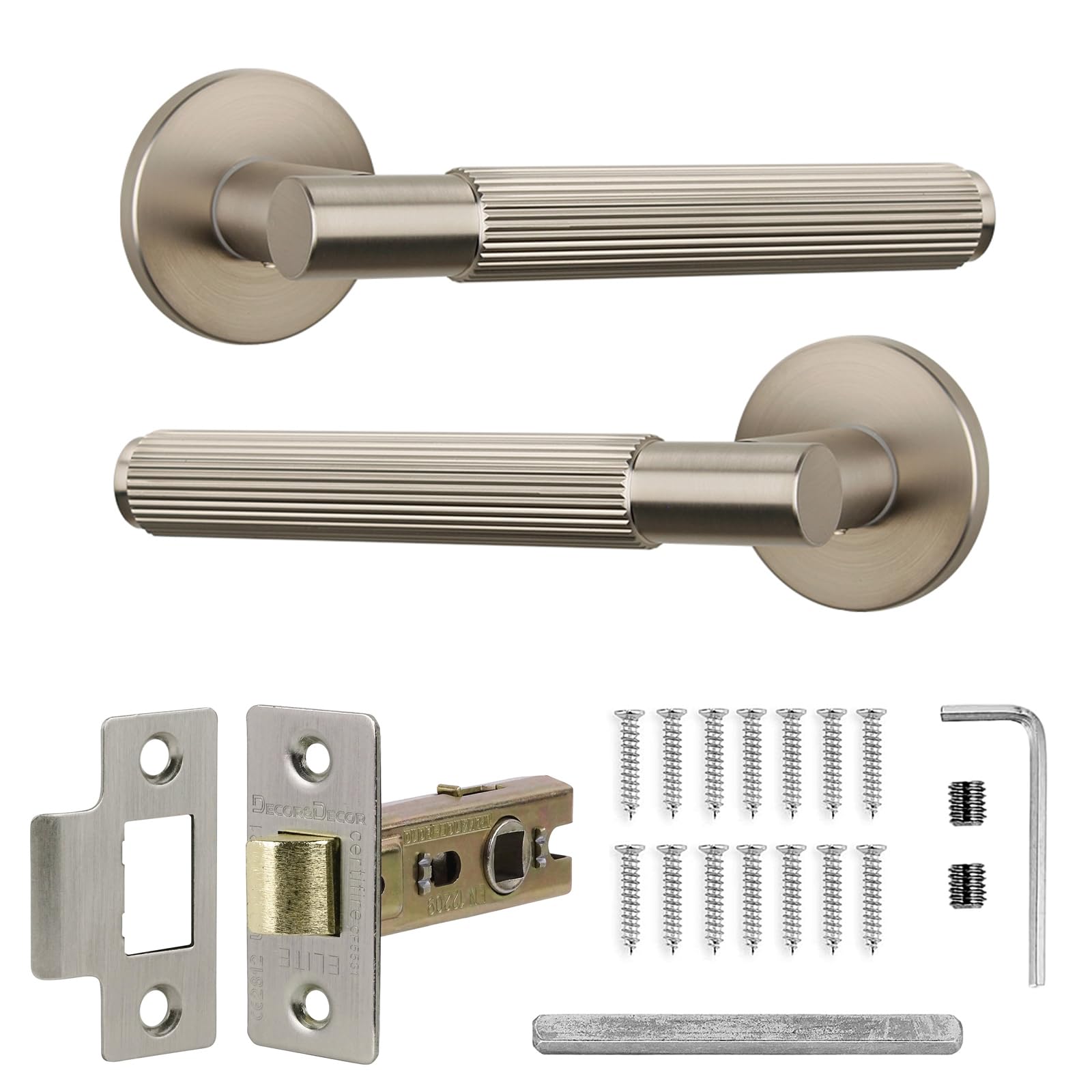 Decoranddecor Hera Silver Internal Door Handles - Aluminium Handle Sets with Tubular Mortice Latch - Sleek and Durable Design for Wooden Interior Doors in Bedrooms, Bathrooms, and Offices