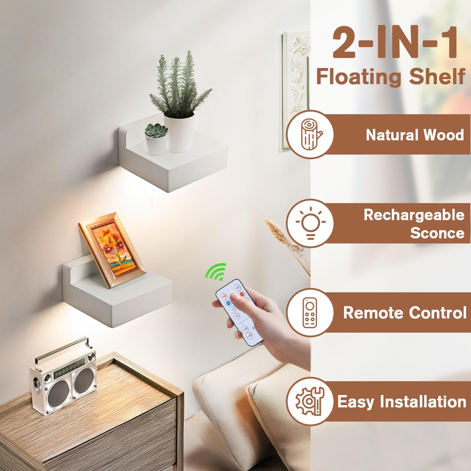 Espossi Floating Shelves with Rechargeable Battery Operated Light, 5.3'' White Small Wall Shelf Set of 2, Floating Shelves with Lights, Mini Wall Shelf with 3 Colors, Dimmable with Remote