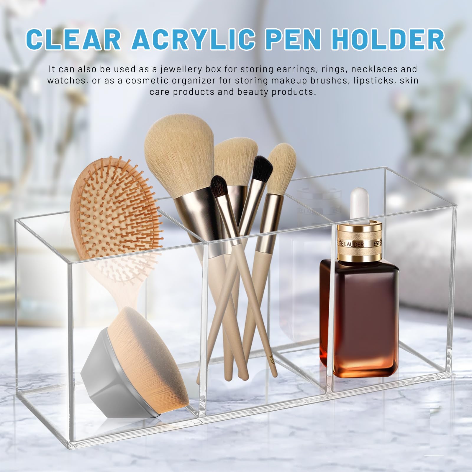 Realand 2Pcs Acrylic Pen Holder for Desk 3 Compartments Clear Makeup Brush Holder Organizer, Pen Cup for Pencil Marker - Image 4