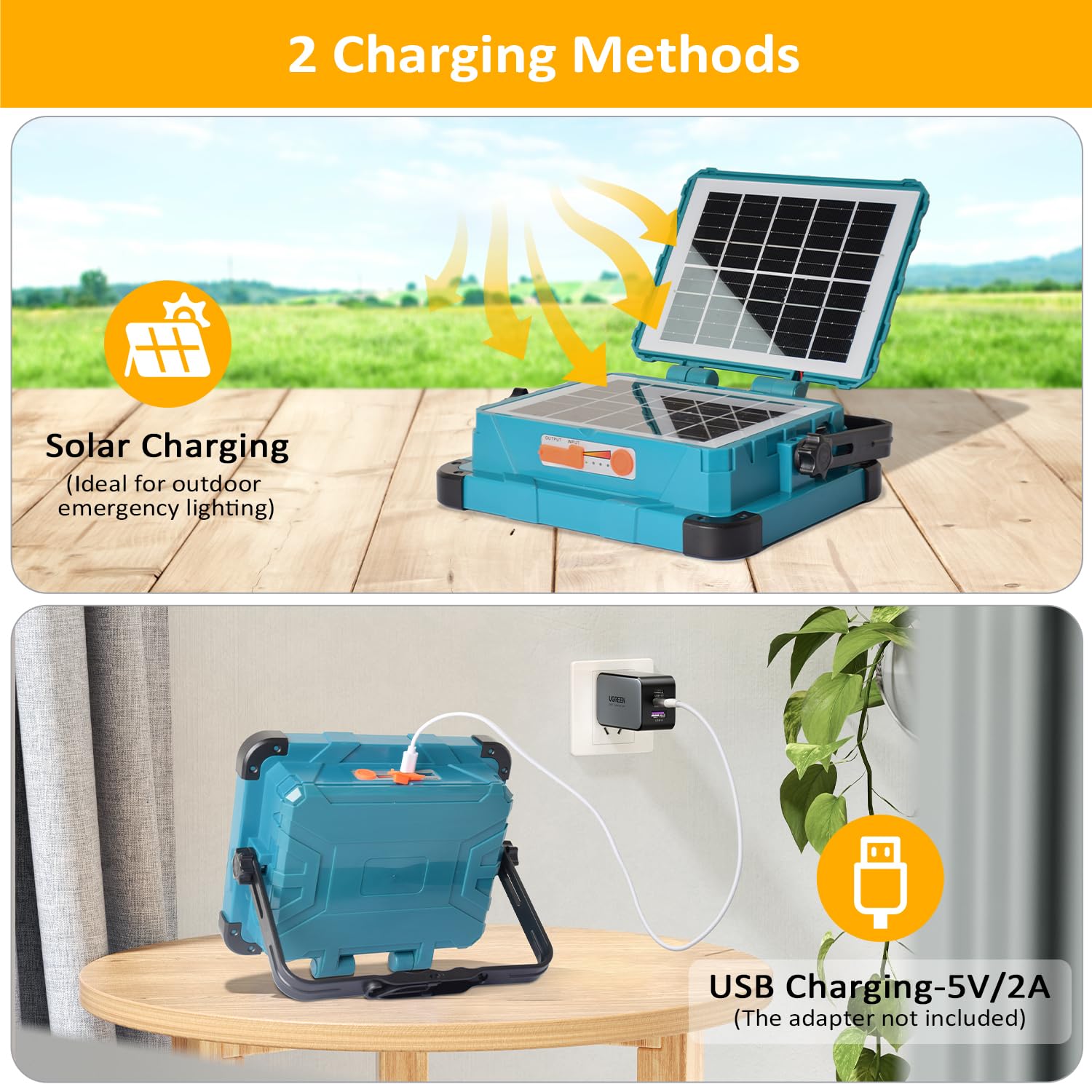 Reflektor LED z możliwością ładowania, dwa moduły solarne, 5