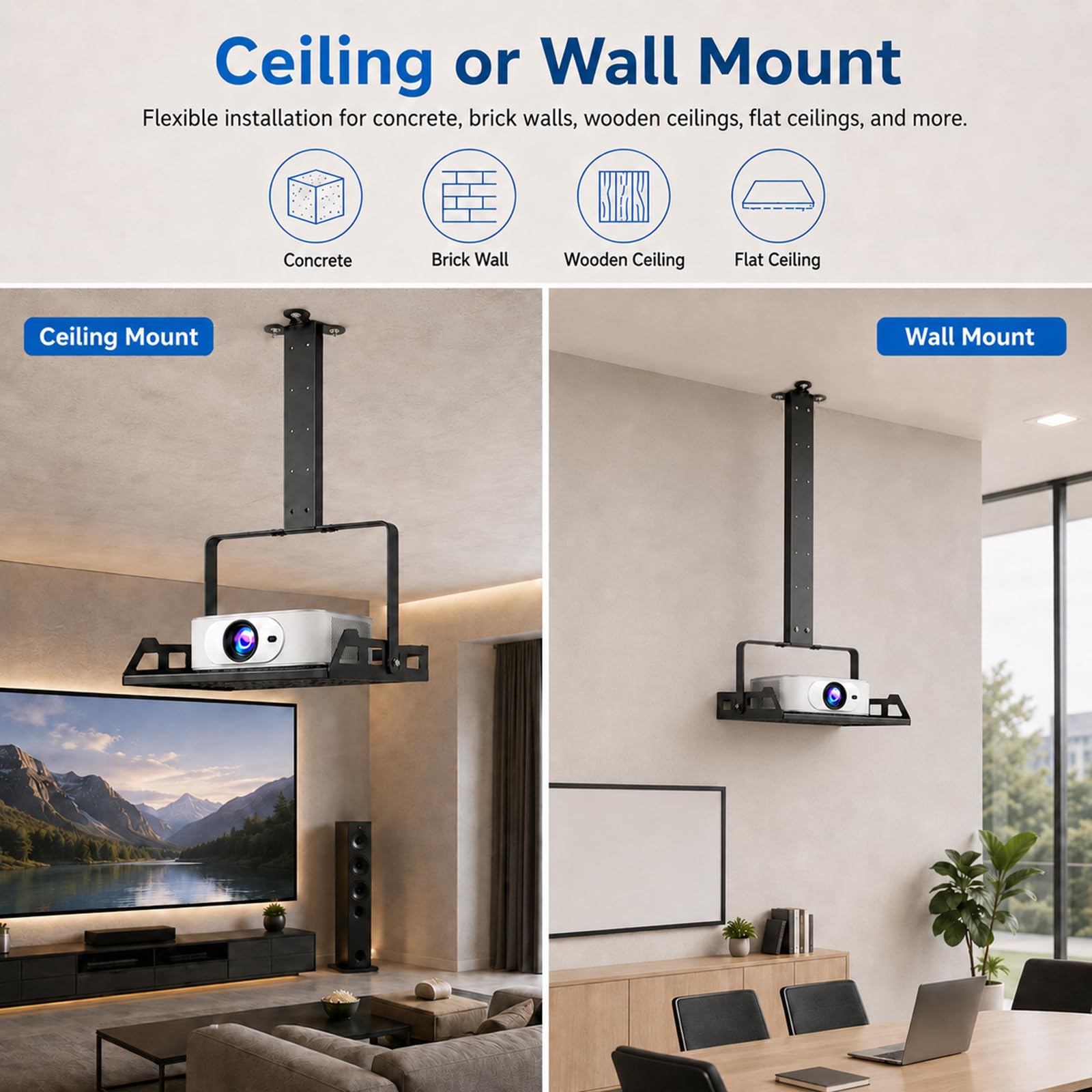 Supporto da soffitto per proiettore regolabile in altezza 30 – 56 cm – Supporto universale per proiettore per soffitto e parete con passacavo nascosto, portata 10 kg, ideale per home cinema, ufficio e