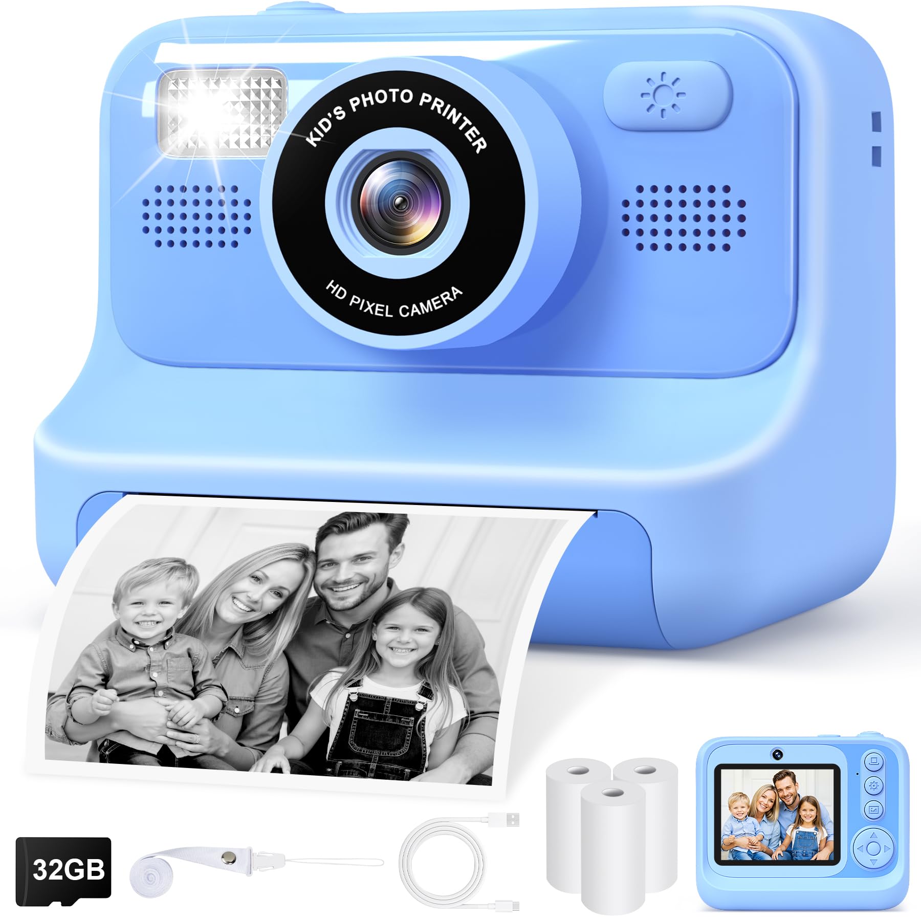 – Kids Camera Instant Print - 2.4'' Selfie kids camera with 32GB Card | 3 Rolls Print Paper - 1080P Kids Digital Camera - Kids Toys Birthday for Girls Boys Aged 3-12(Blue)