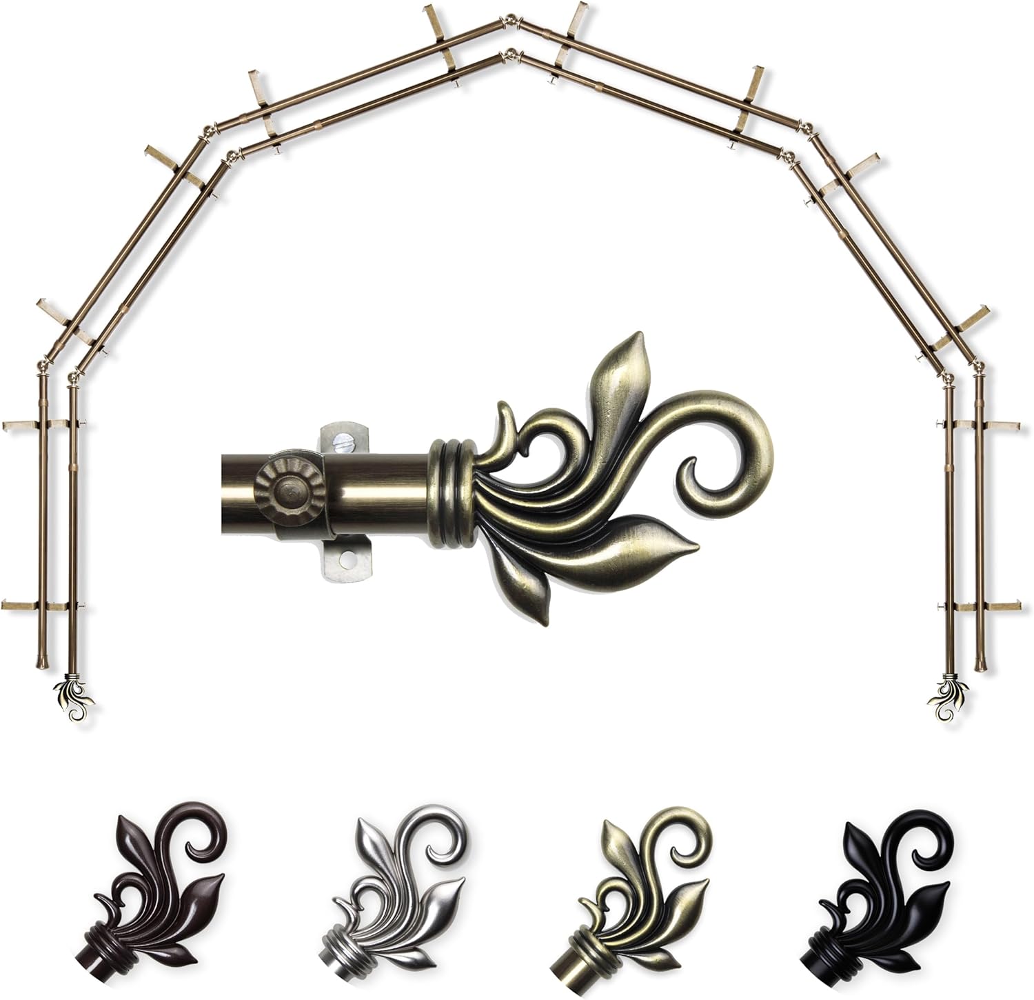 A&F Rod Décor - Quinn 13/16" 6-Sided Double Bay Window Curtain Rod - Antique Brass