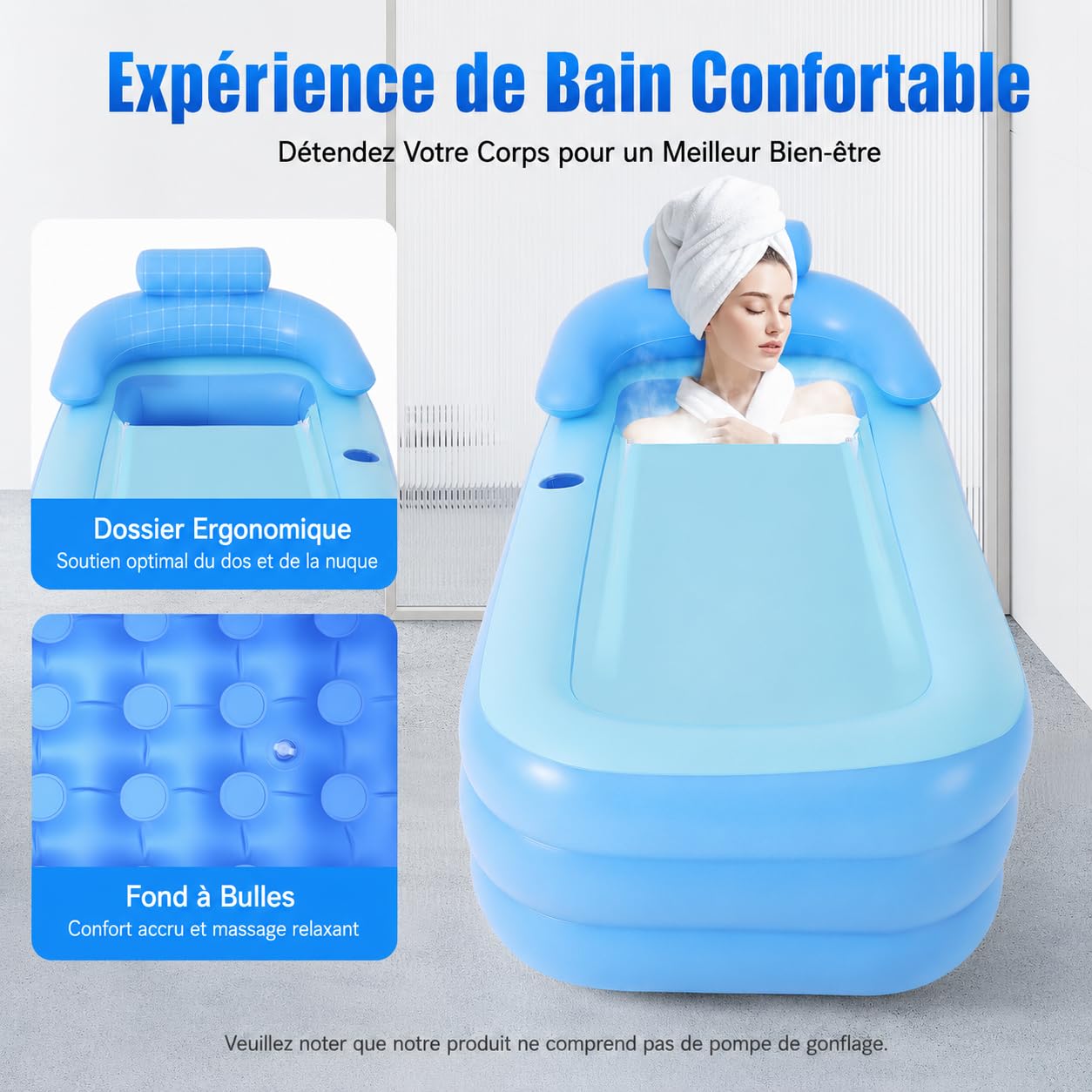 Baignoire gonflable pour adultes, baignoire mobile pliable avec fond confortable, baignoire pliante avec couvercle amovible et plateau, baignoire gonflable pour spa, bain de glace, camping, 160 × 84 ×