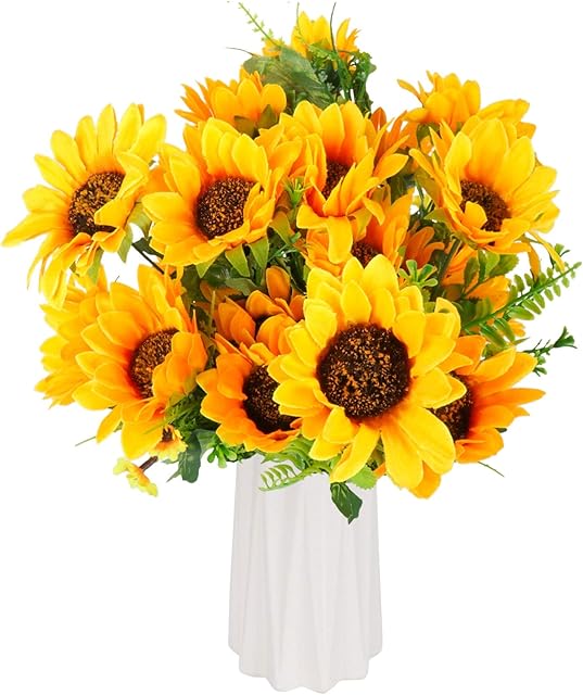 Beferr 2 Bunches Artificial Sunflower Bouquet, Fake Silk Sunflower Flowers, Realistic Plants for Home Wedding Garden Party Office Outdoor Indoor Decoration, Flower Arrangement, Bridal Bouquet