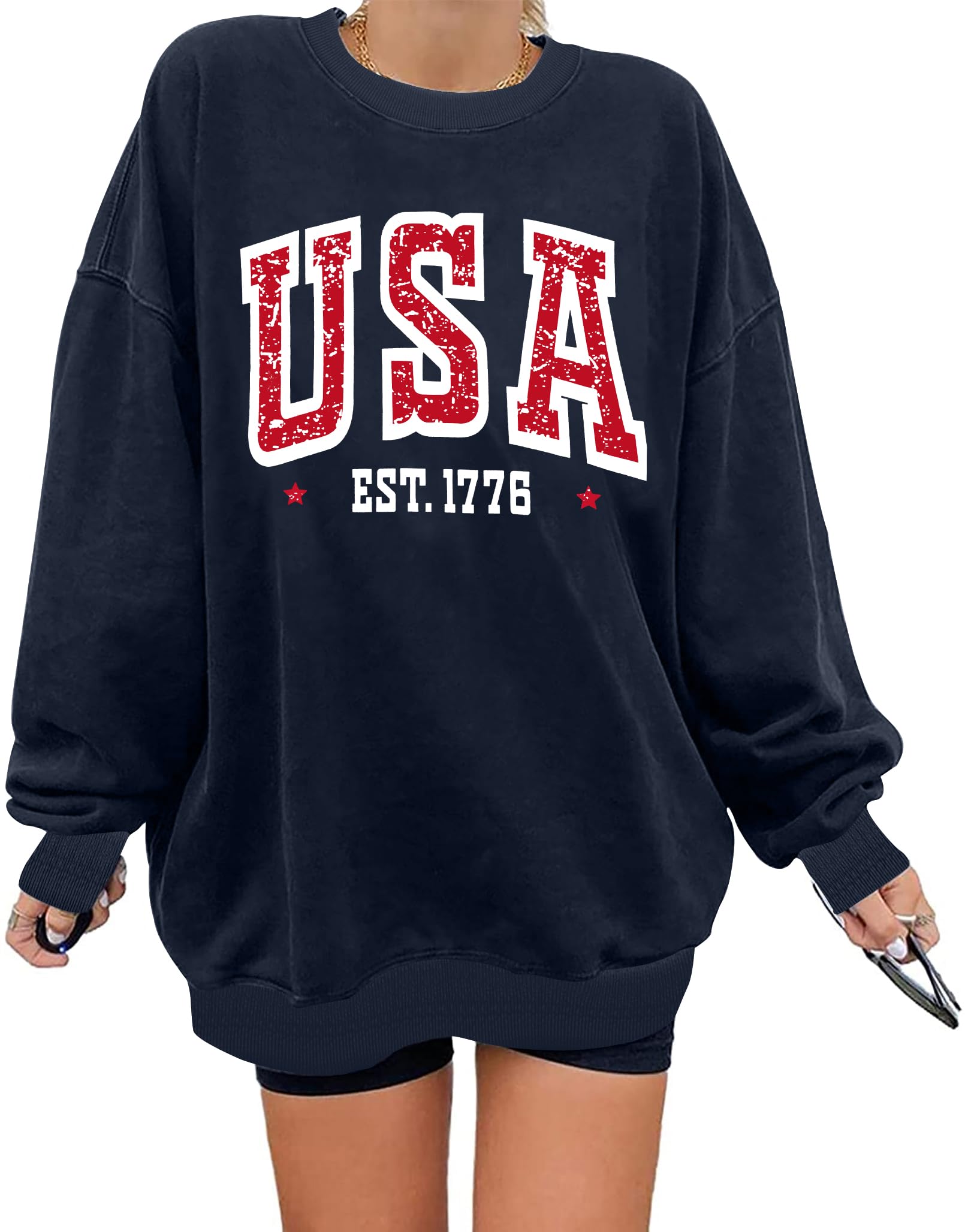 QAUN Oversized Usa Sweatshirt Women: Patriotic Tshirt 4th July Shirt Long Sleeve Casual Pullover Tops