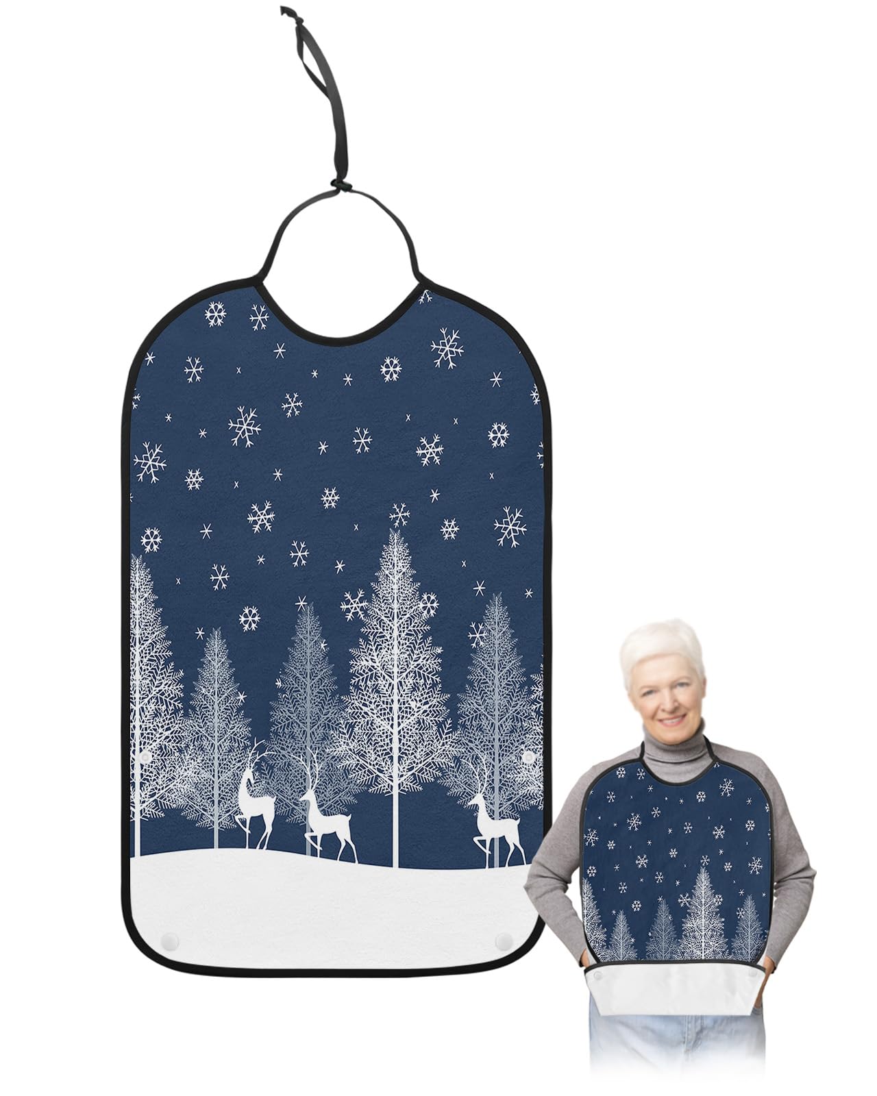 Kewadony Adult Bibs for Elderly Women - Blue Christmas Tree Waterproof Dining Clothing Protectors with Crumb Catcher for Eating/Feeding, Xmas Elk Winter Snowflake Terry Cloth Bib Machine Washable