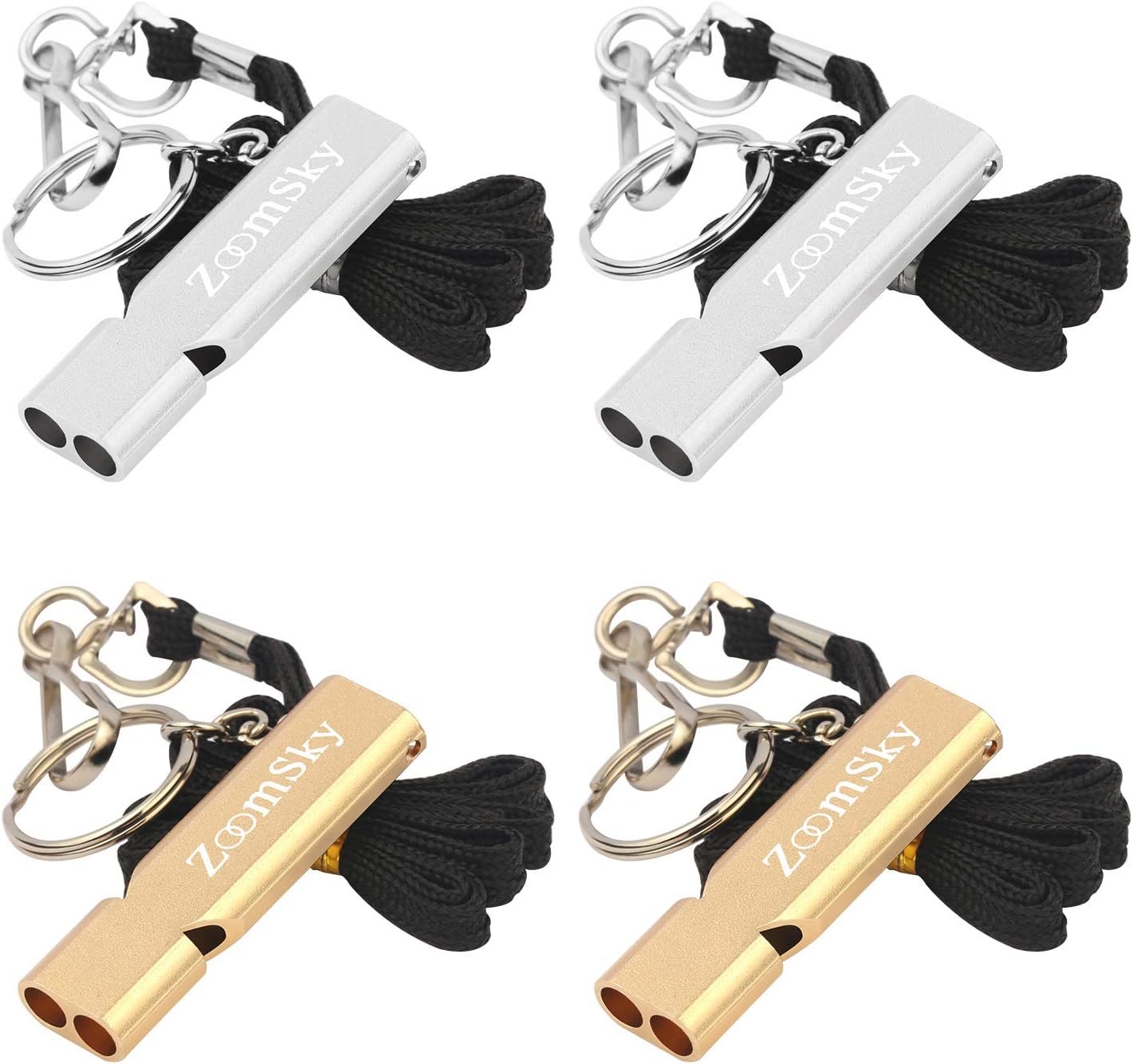 Survival Whistle, 4 Pcs Emergency Whistle Double Tubes Metal High Decibel Whistle with Lanyard Strap for Camping Rescuer Hiking