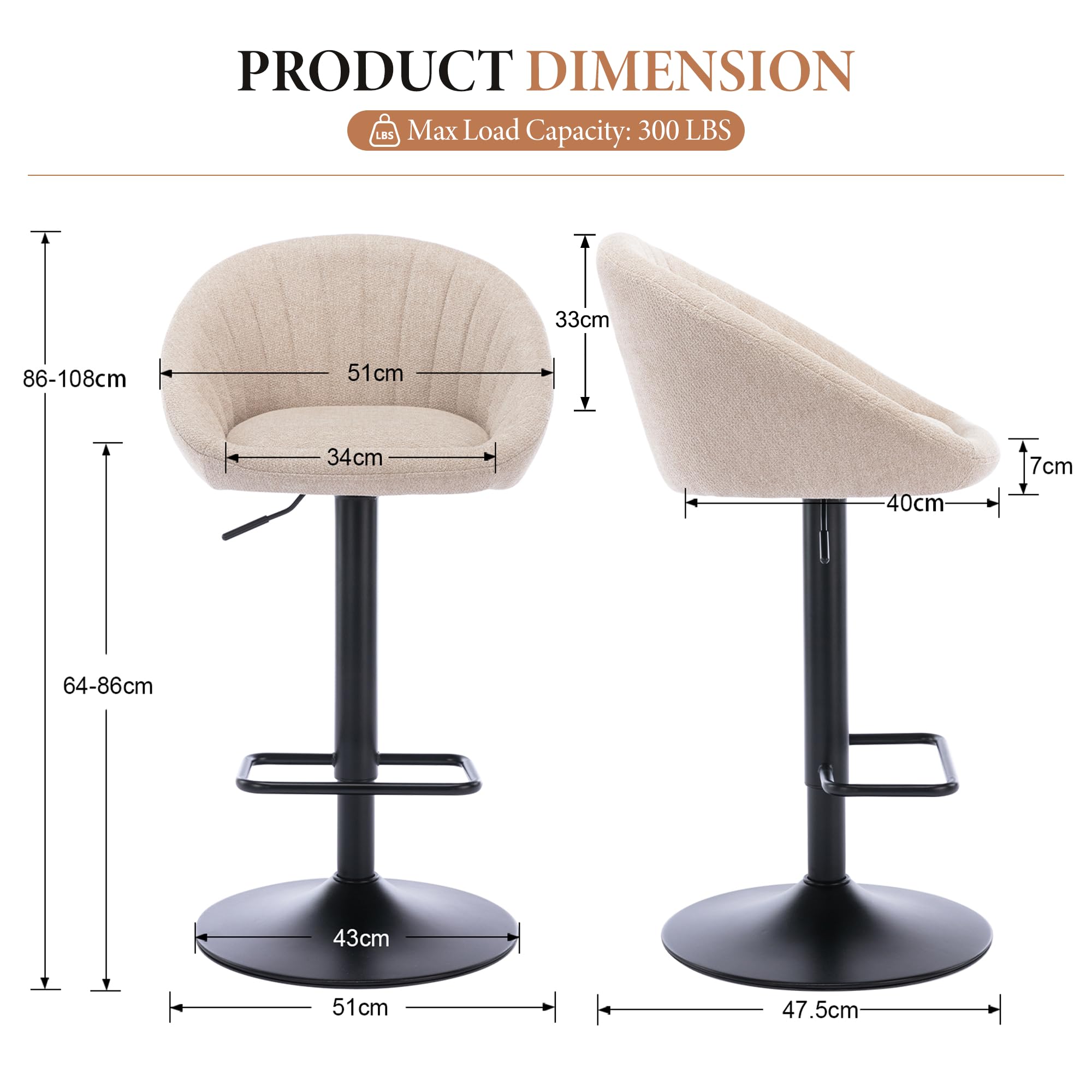 Ya-Home Barhocker 2er Set, Gepolsterter Drehhocker Barstühle höhenverstellbar Küchenhocker aus Handtuch-Stoff Tresenhocker für Küche/Hausbar,Beige