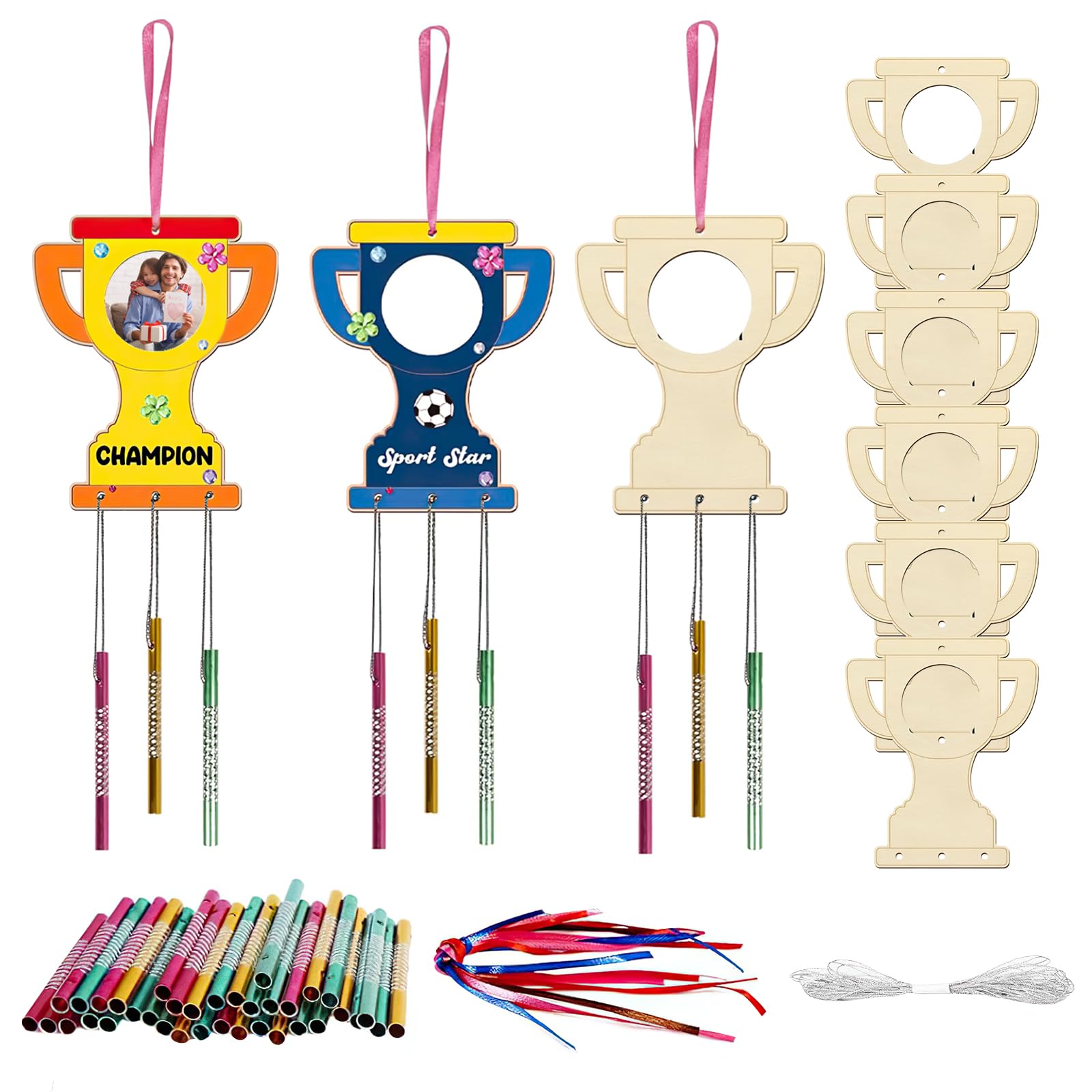 9 Pcs Father'S Day Trophy Wind Chime Kit for Kids, Trophy Crafts for Kids, Father'S Day Decorations, Make You Own Trophies Craft DIY Paint Wooden Art And Craft for Boys Novelty Dad Grandpa Presents