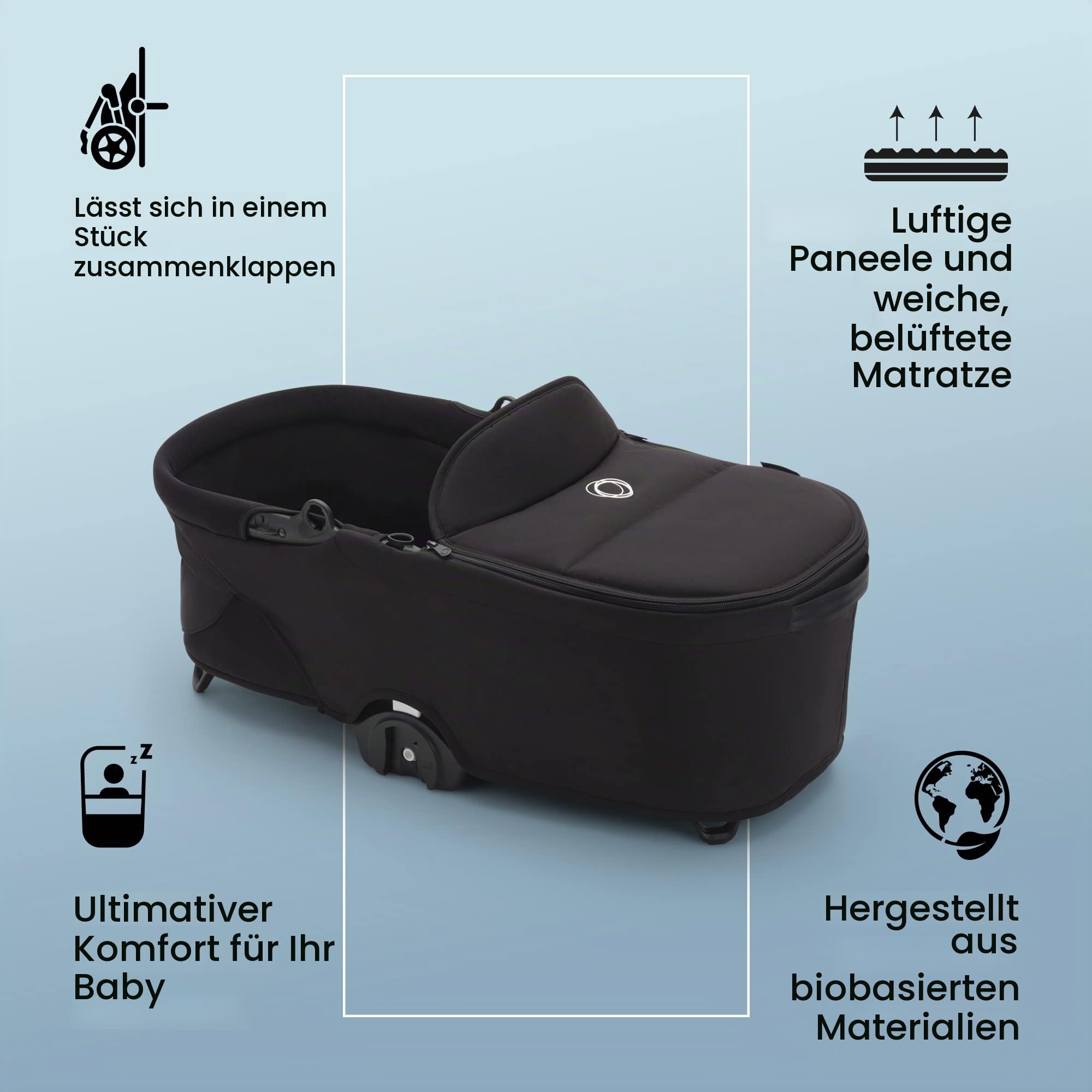 Bugaboo Dragonfly Liegewanne mit Lüftungsfenstern, einhändig faltbar in jeder Position, kompatibel mit dem Bugaboo Dragonfly City-Kinderwagen, Midnight Black