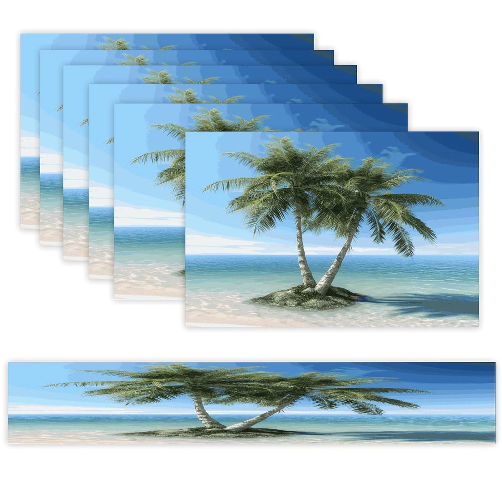 Sea Palm Trees Table Runner and Placemats Set of 6 for Kitchen Washable Table Mats Heat Resistant Place Mats Non-Slip Place Mat Wipeable Placemat(6 Placemats+1 Table Runner)