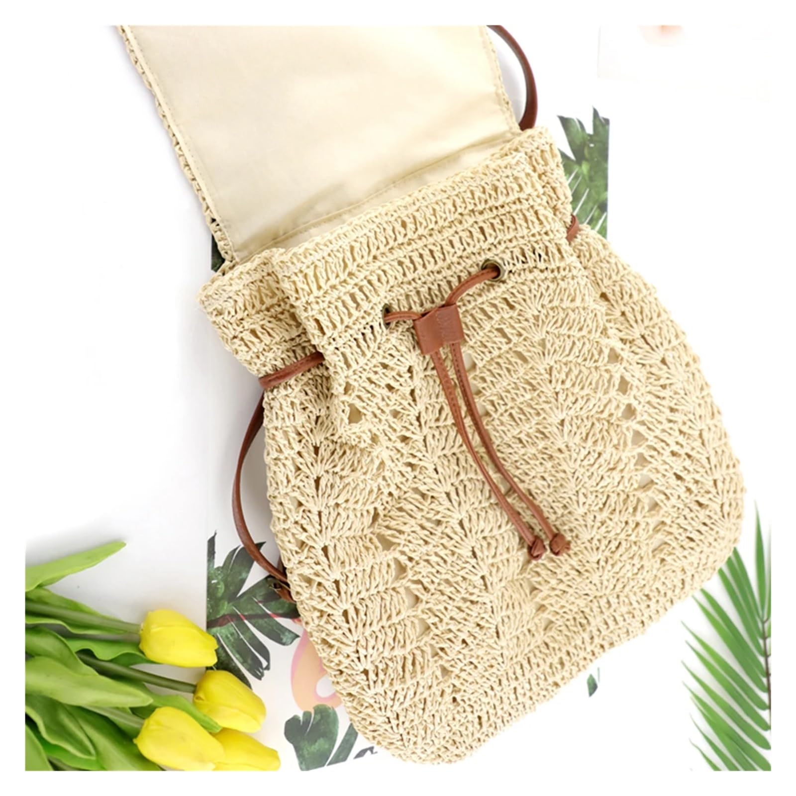 Zaino da Donna in Paglia Intrecciata a Mano, Casual, da Spiaggia, per Vacanze, a Tracolla, a Secchiello