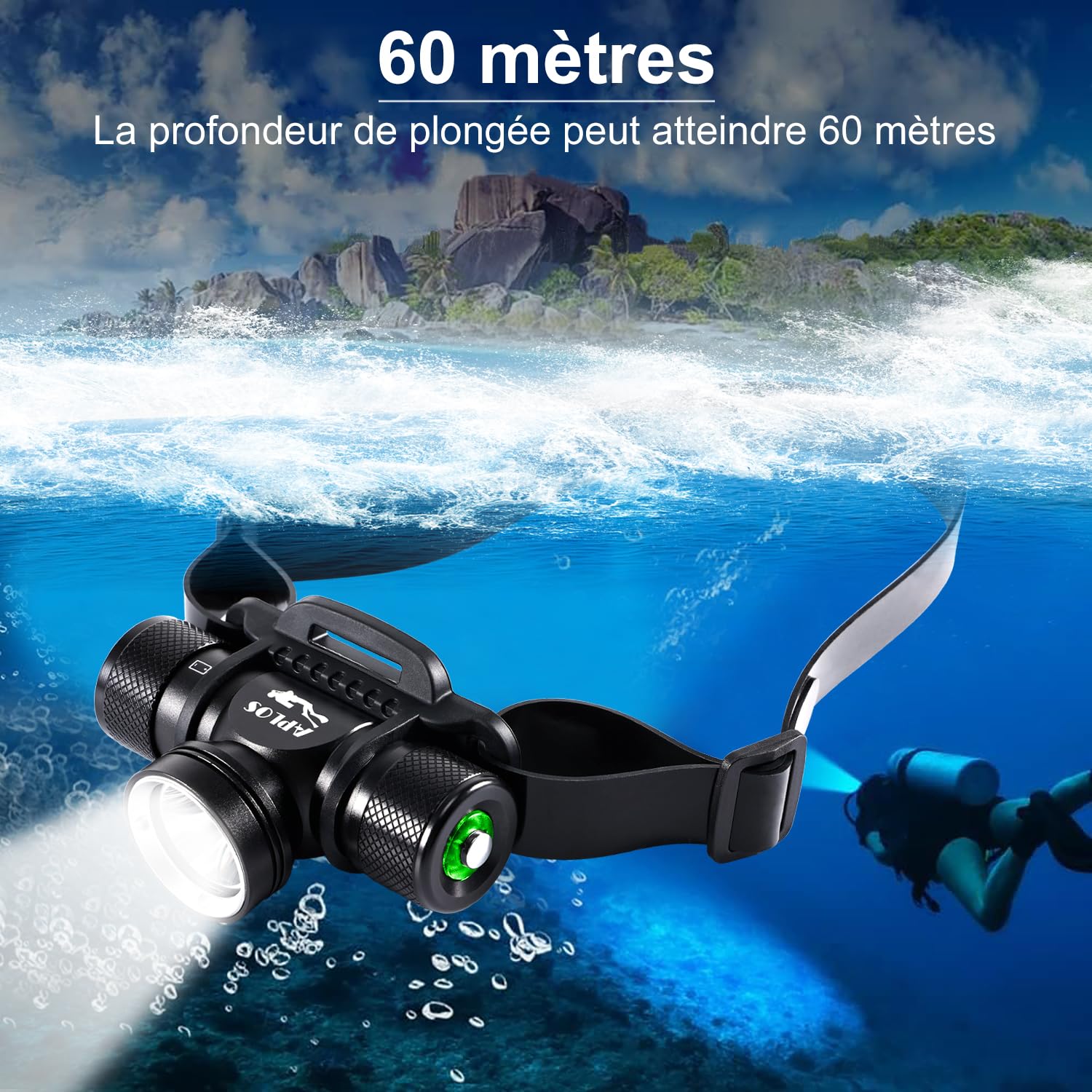 APLOS H900 Lampe frontale de-plongée - 3000 lumens Lampe Frontale Rechargeable étanche pour plongée, 3 modes d'éclairage Étanche IP68 pour Natation randonnée Camping Chasse pêche
