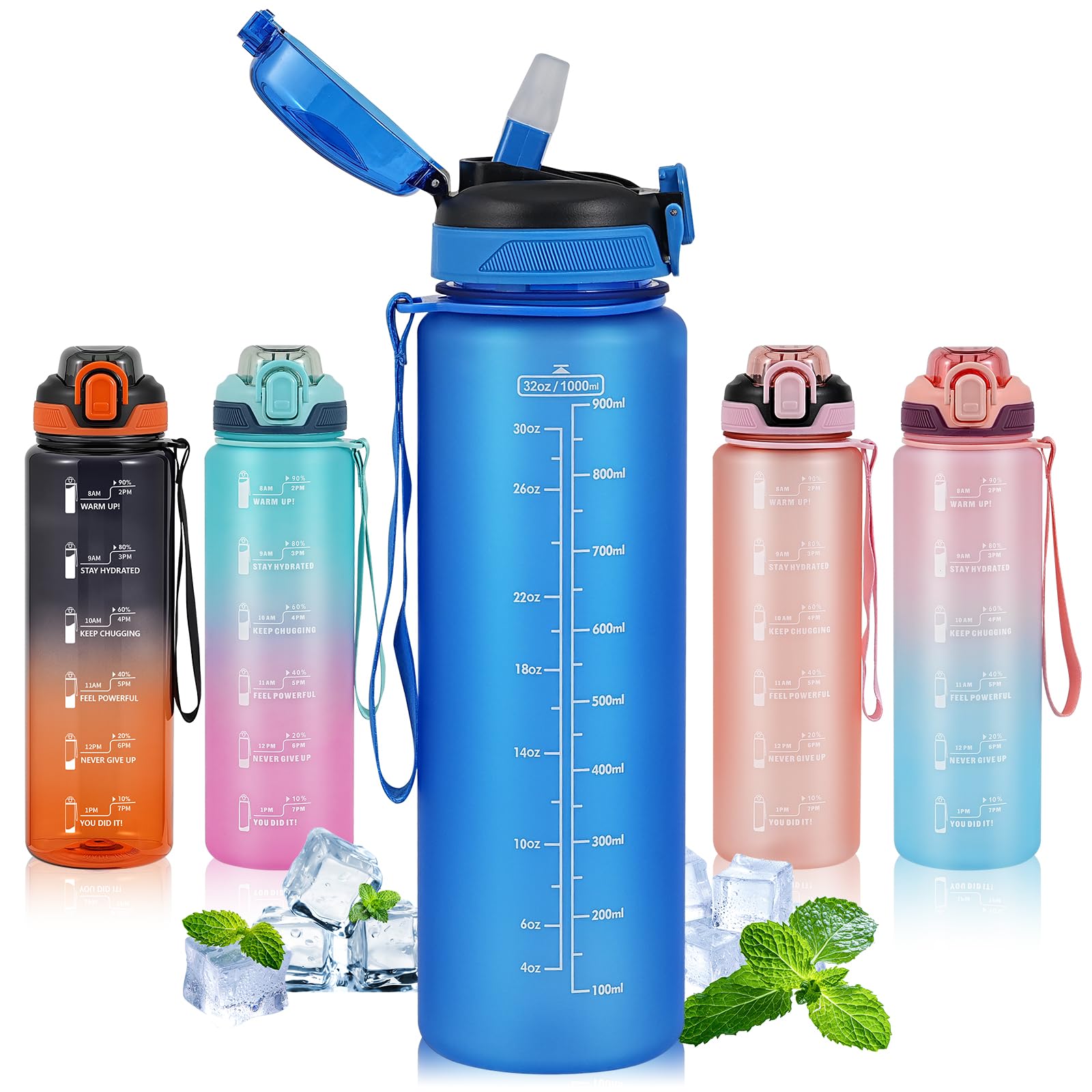 SEASEVEN 1L Water Bottle with Straw,Plastic Drinks Bottle,1 Litre Sports Water Bottles with Time Markings,Girls Boys Waterbottle Leak-Proof & Bpa-Free for Gym,Cycling, Office (Blue) — image 1