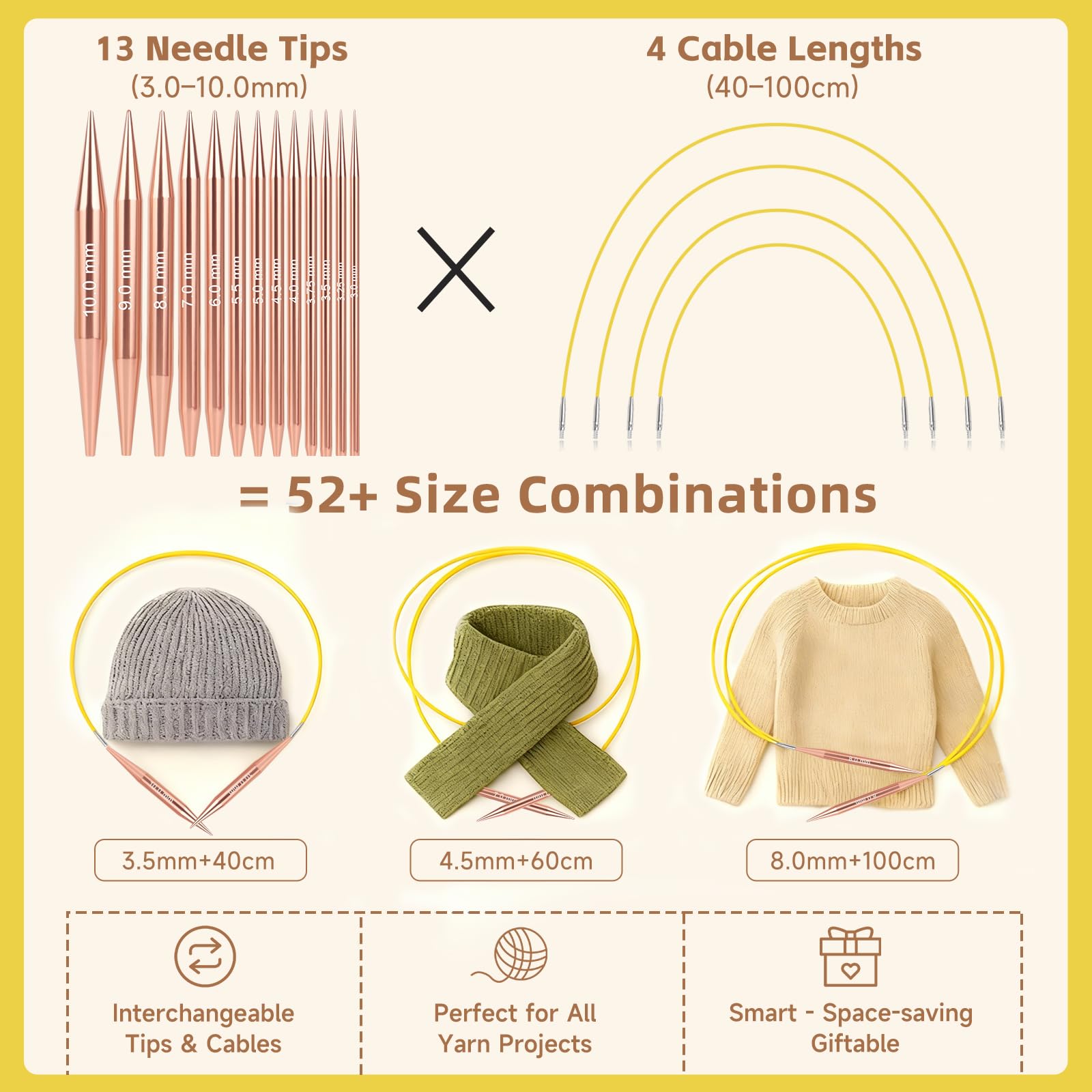 Juego de agujas circulares intercambiables, 13 pares (26 piezas) de agujas de tejer de aluminio de oro rosa, tamaños de 3 mm a 10 mm, estuche de agujas de tejer y accesorios para principiantes y
