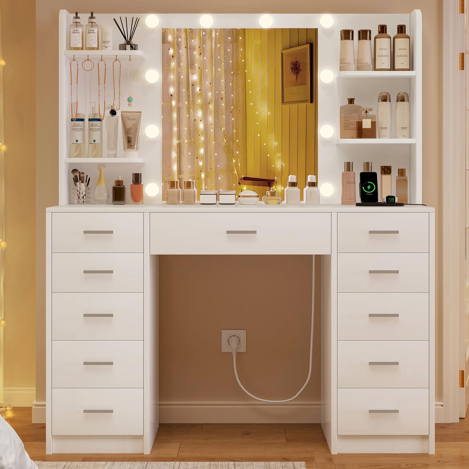 TEENFON Tocador de Maquillaje con Luces LED Regulables y enchufes, Mesa de Maquillaje con Espejo, 4 estantes Abiertos y 5 Ganchos para Joyas, Blanco, Tocador con 11 Cajones